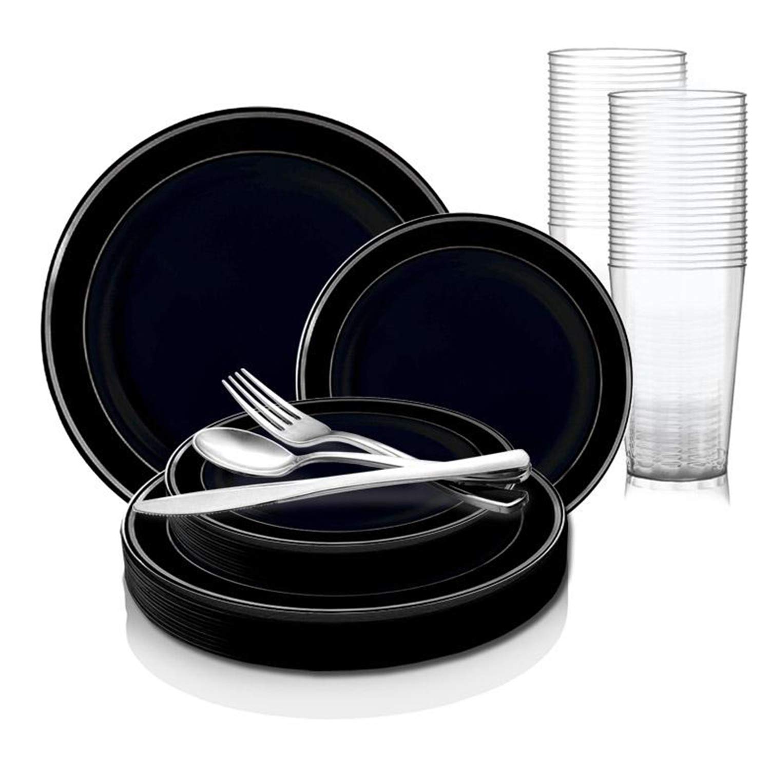 360-Piece Elegant Disposable Plastic Dinnerware Set for 60 Guests - Silver Rimmed Black Plates, Dessert Plates, Cutlery & Cups for Wedding, Birthday, Easter Party | Premium Disposable Tableware for Catering, Buffet, Picnic & Outdoor Events
