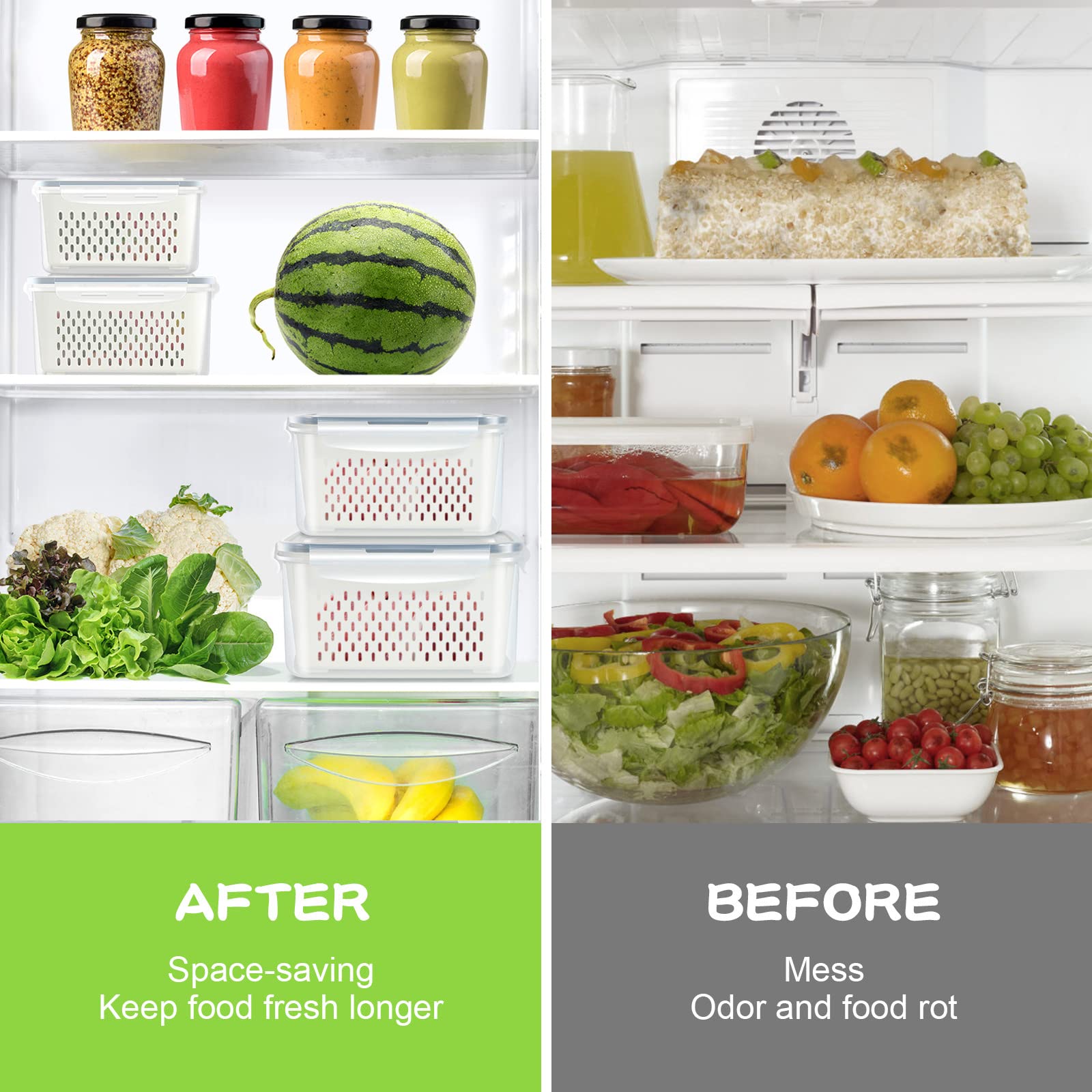 TBMax 4-Pack Airtight Fruit Storage Containers for Refrigerator - Large Produce Saver with Lid & Colander for Berries, Lettuce, Salad, Vegetables | Fridge Organizers & Food Storage | Perfect for Meal Prep, Grocery Organization & Fresh Food Preservation