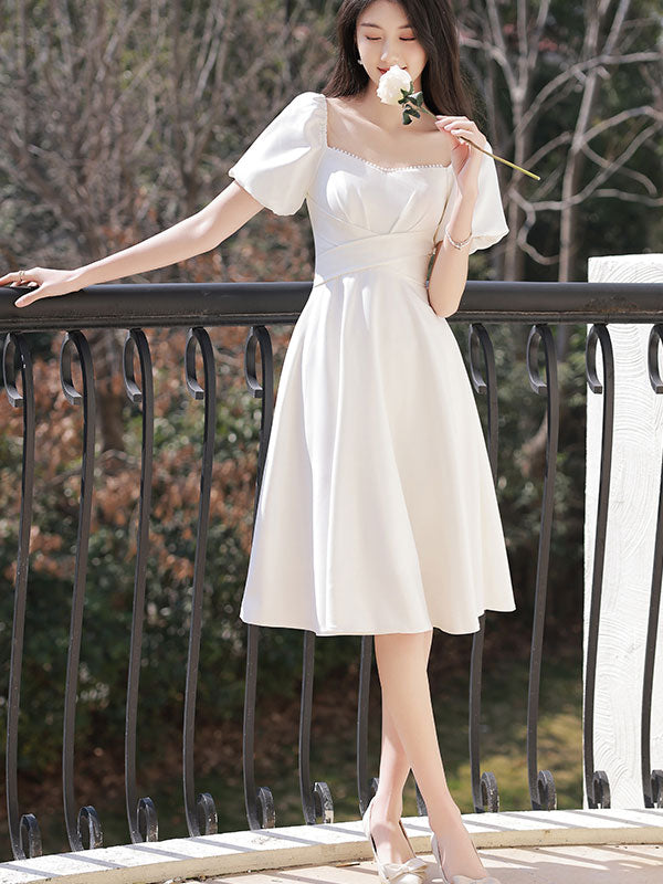 Elegant White and Red Square Neck A-Line Dress with Puff Sleeves - Perfect for Summer Parties, Weddings & Date Nights