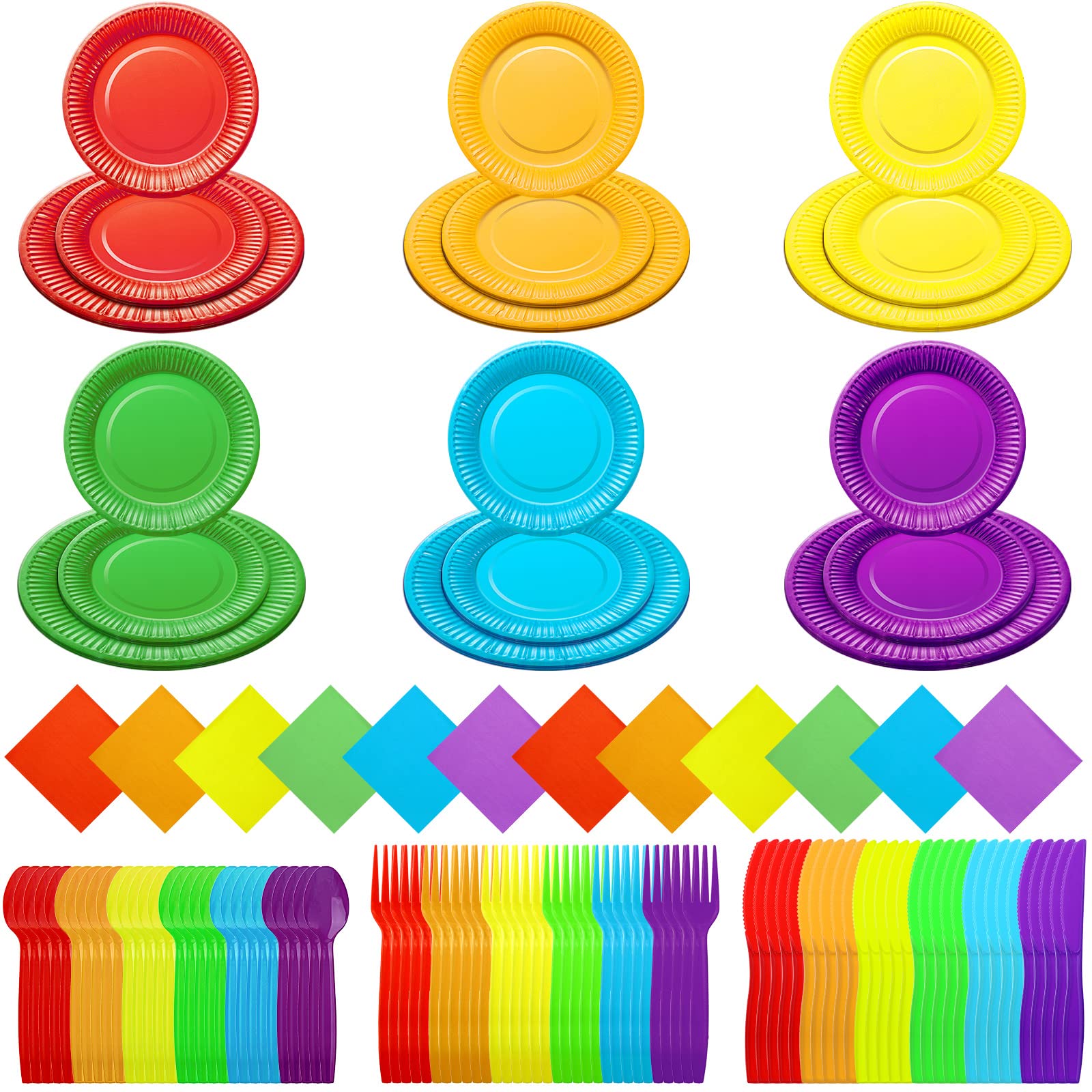 144-Piece Rainbow Party Supplies Set - 7 & 9 Inch Colorful Paper Plates, Cocktail Napkins, Plastic Cutlery (Spoons/Forks/Knives) for 24 Guests - Perfect for Birthday, Wedding & Holiday Decorations - Vibrant Tableware for Festive Celebrations & Themed Parties