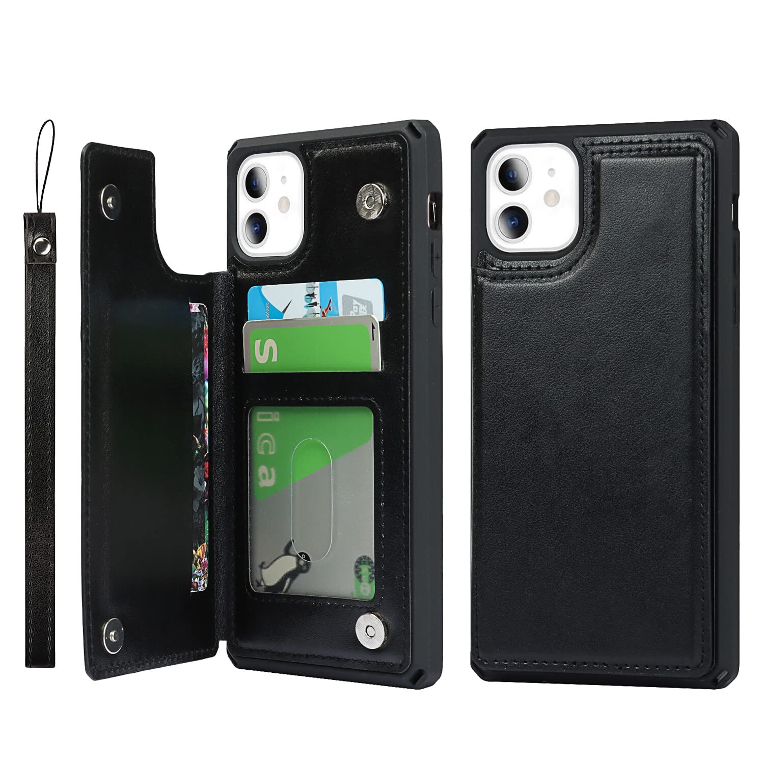 Premium Leather iPhone 11 Wallet Case with Card Holder & Wrist Strap - Shockproof Protective Cover with Stand Feature for Men & Women | Perfect for Travel, Shopping & Everyday Use (Macaron Black)