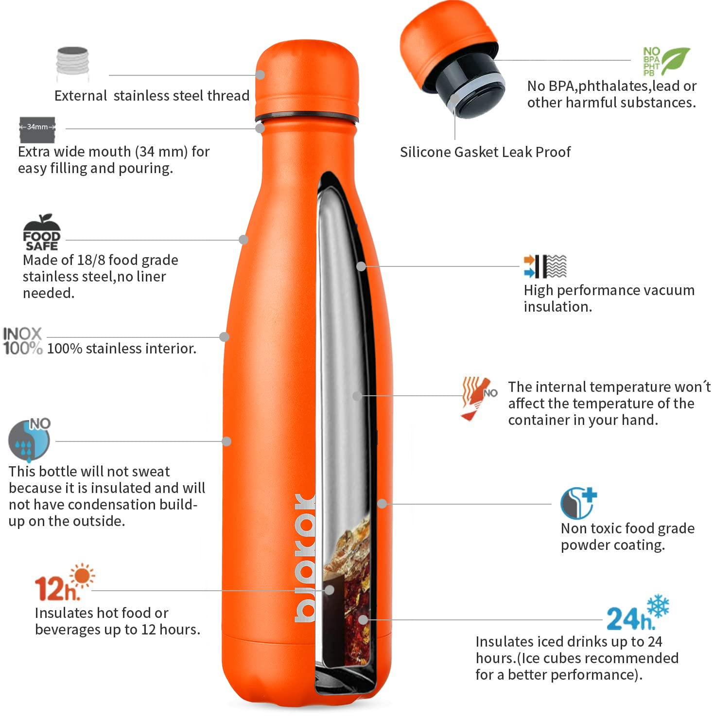 BJPKPK 17oz Insulated Stainless Steel Water Bottle with Orange Cap - Perfect for Gym, Hiking & Outdoor Adventures