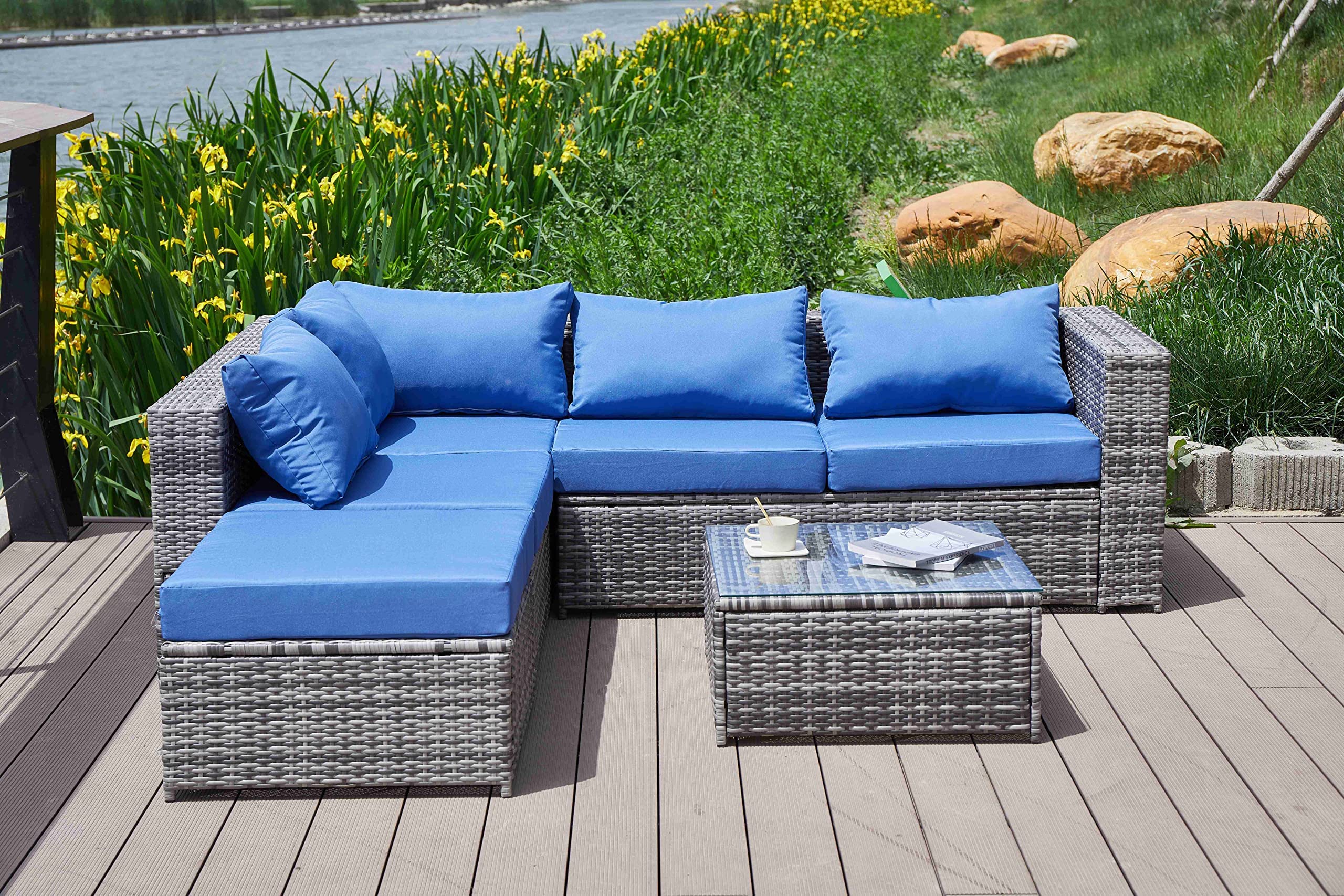 All-Weather Outdoor Sectional Sofa Set - PE Rattan Patio Furniture with Cushions & Coffee Table (Blue) - Perfect for Backyard, Poolside & Garden Relaxation