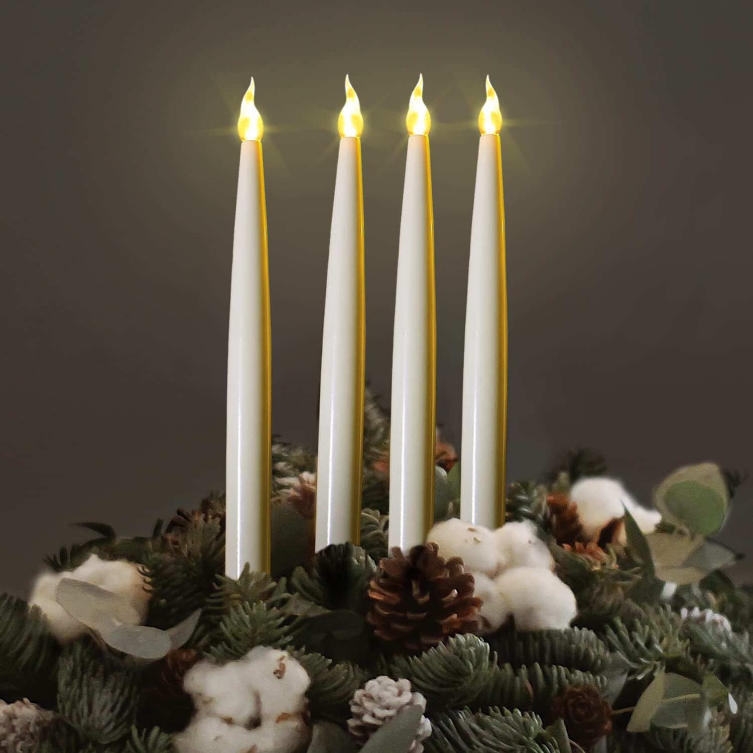 FURORA LIGHTING White LED Taper Candles - Pack of 4 Flameless Battery Operated Candles with Realistic Flickering Flame, 6/18 Hour Timer, 11.5 Inches Tall - Perfect for Wedding Centerpieces, Dining Table Decor, and Romantic Ambiance