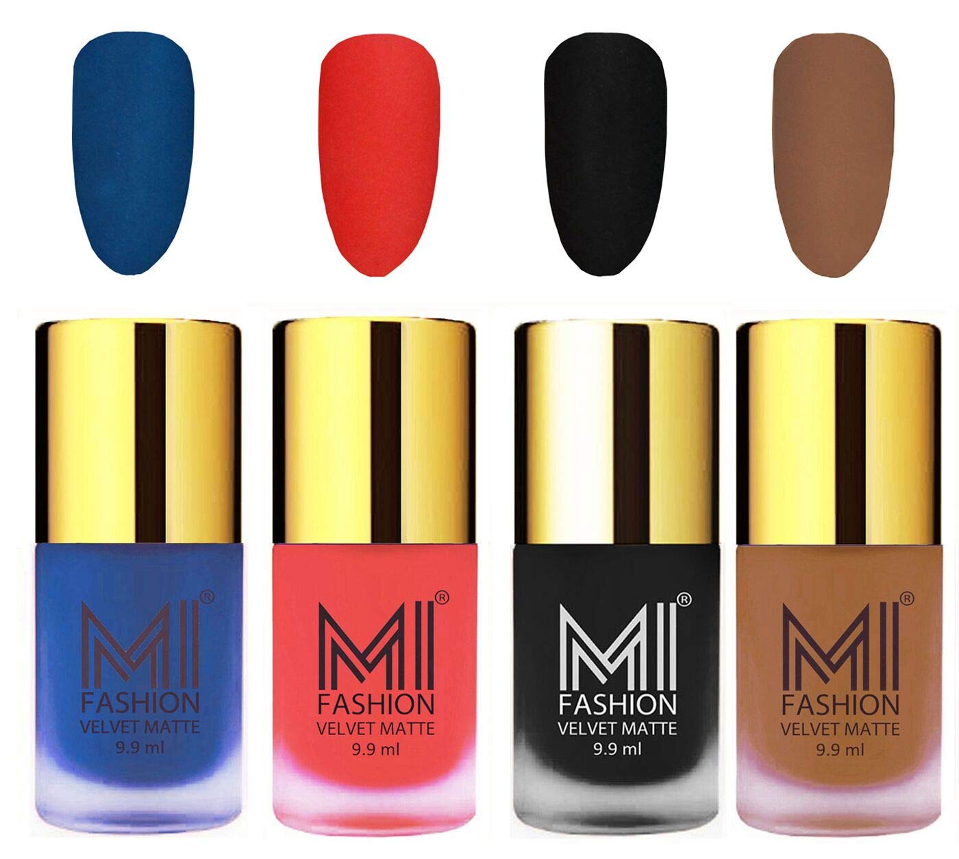 MI FASHION Velvet High Finish Matte Nail Polish Set - 4 Colors (Navy Blue, Neon Orange, Black, Dark Nude) 9.9ml Each - Long Lasting & Chip Resistant - Perfect for Parties, Weddings & Everyday Wear