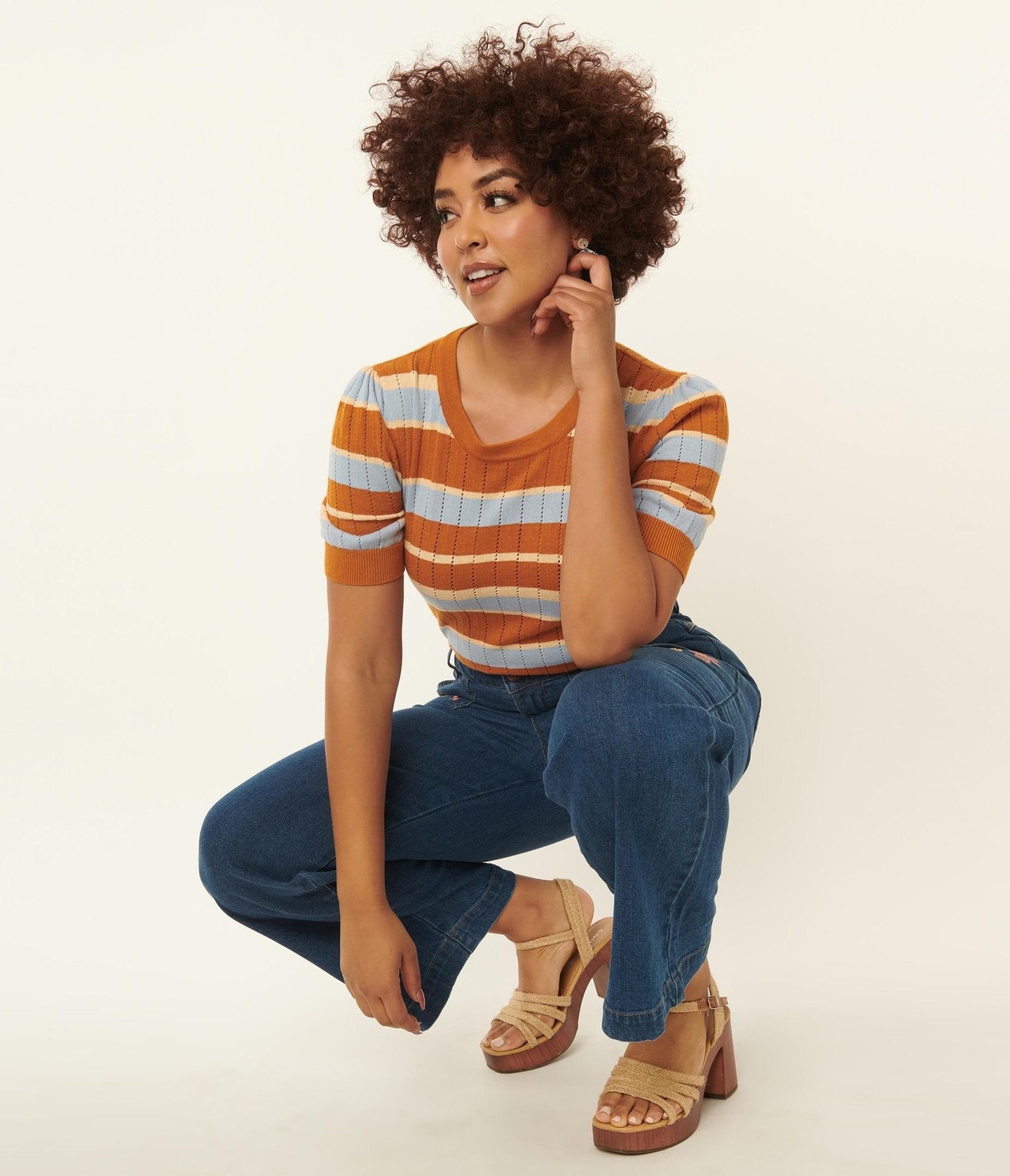 Light Blue & Saffron Striped Knit Top for Women | Casual Chic T-Shirt | Perfect for Spring Outfits & Weekend Wear