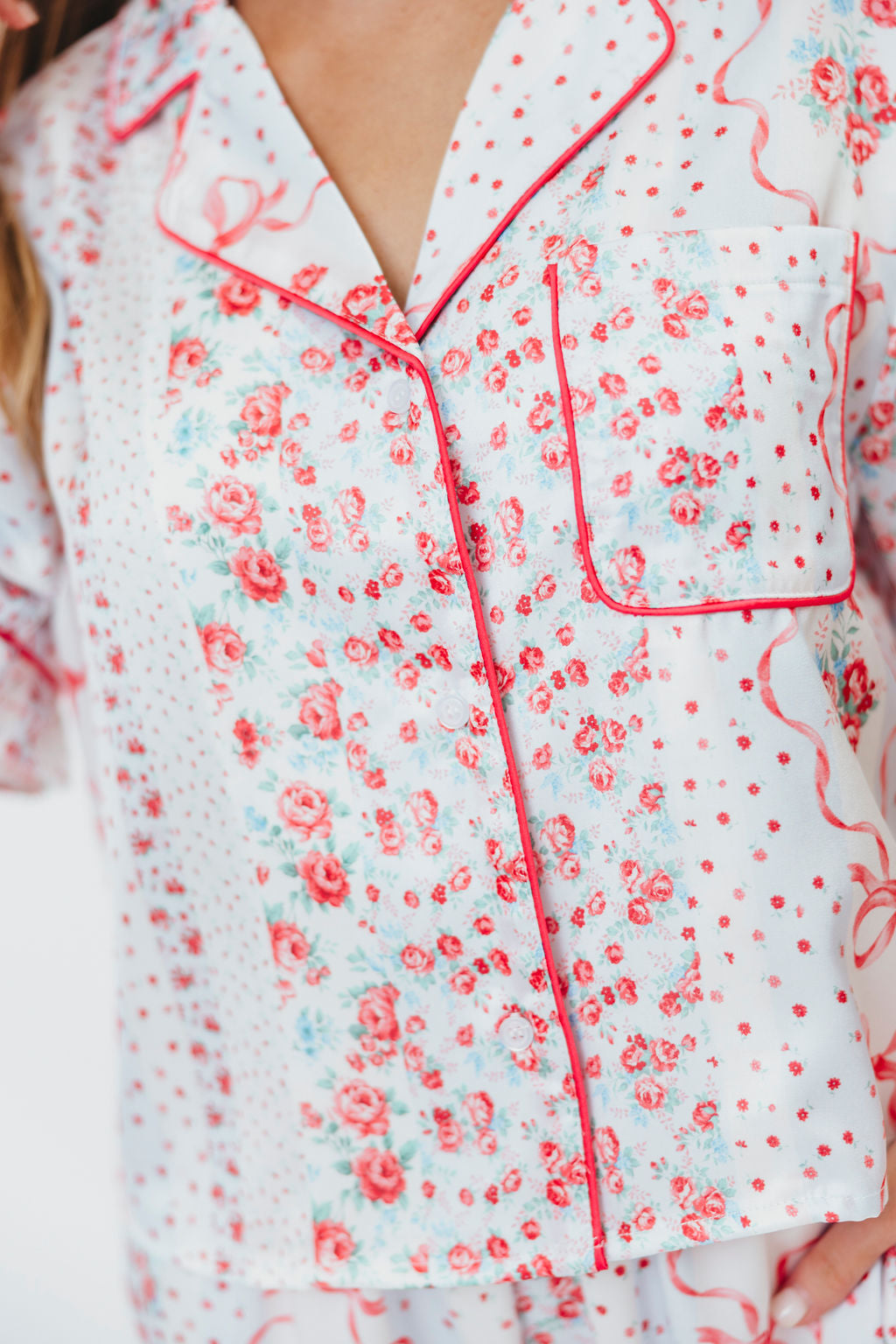 Rosalinda Floral Satin Ruffle Sleeve Pajama Set with Tie Detail - Light Blue & Multi Color Women's Sleepwear for Comfortable Nights & Relaxing at Home