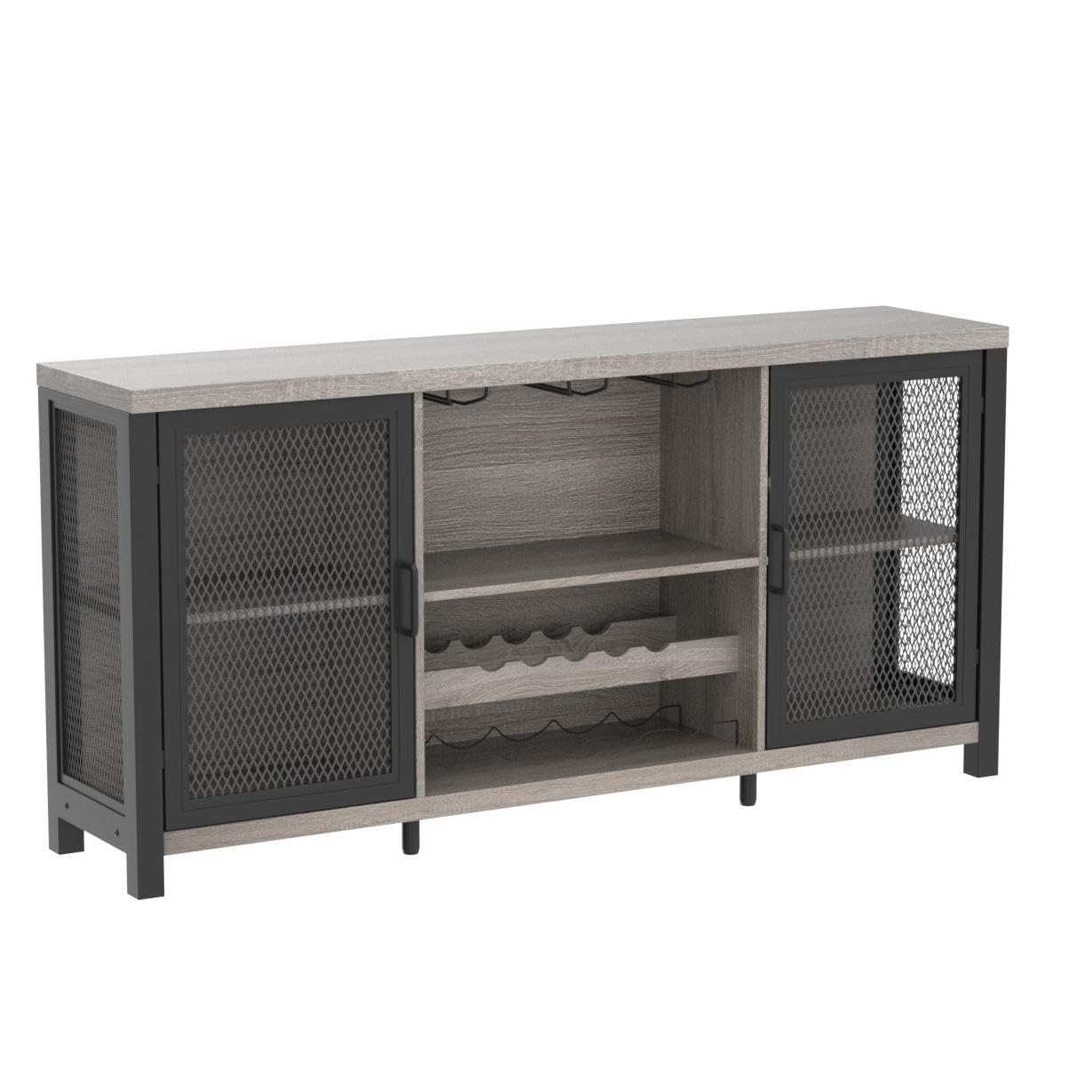 Industrial Coffee Bar Cabinet with Storage Rack - Rustic Light Gray Oak Sideboard Buffet for Liquor, Wine & Glasses - 55 Inch Kitchen Dining Room Console for Home Entertaining & Hosting Parties