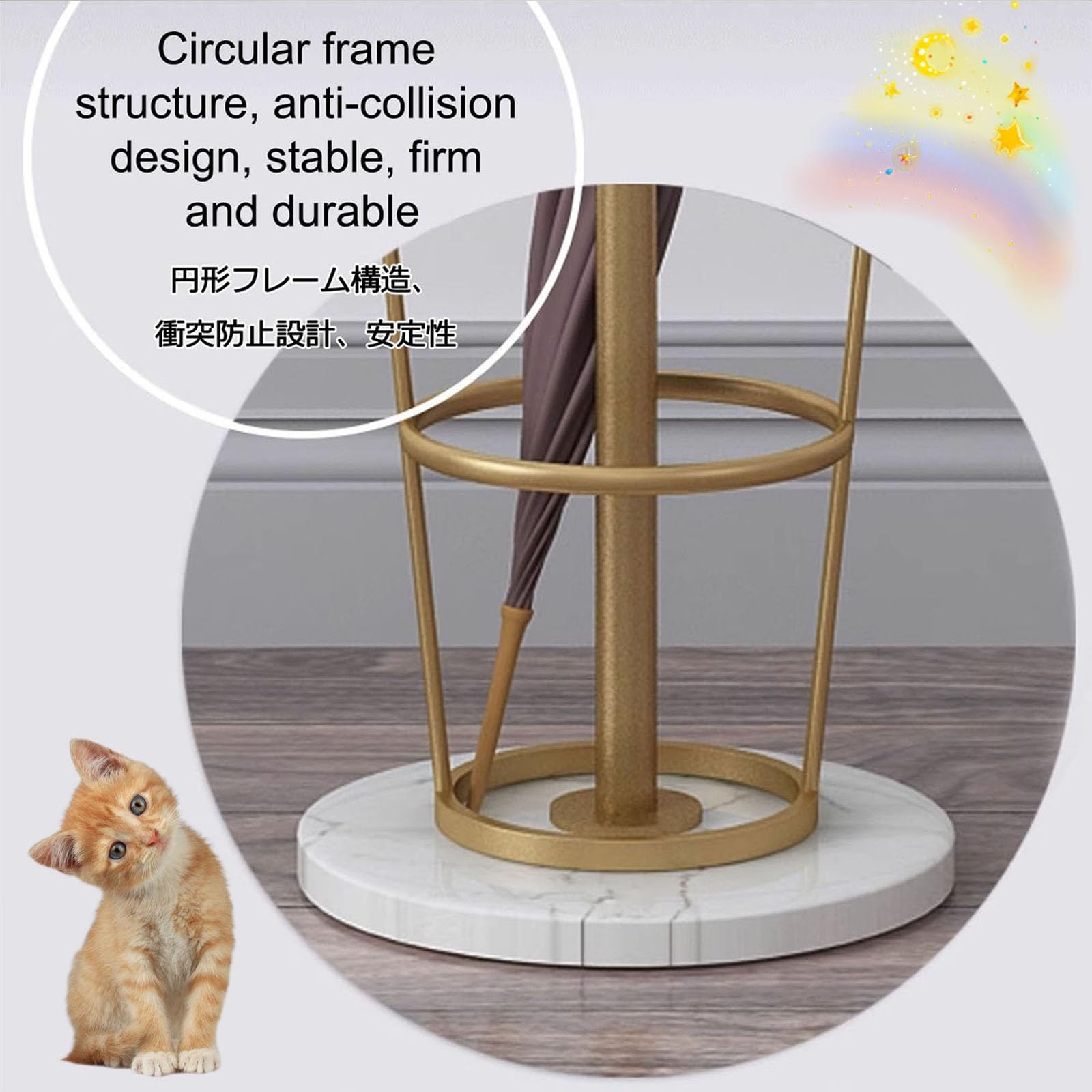 Stylish Metal Umbrella Stand with Coat Rack - Heavy Duty Entryway Organizer with Marble Base & Multiple Hooks for Hats, Bags & Accessories (Gold & Black) - Perfect for Foyer, Porch, Mudroom & Home Decor