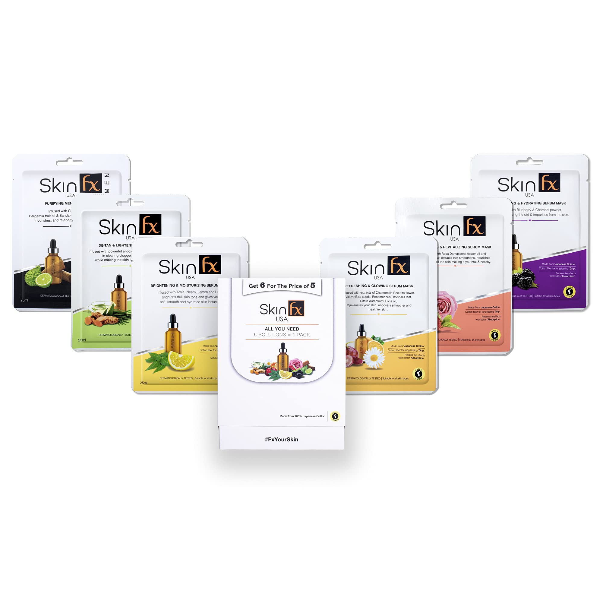 Skin Fx Brightening Face Sheet Mask with Green Tea & Allantoin - Hydrating, Repairing & Anti-Itch Korean Facial Mask for Glowing Skin | Daily Use for Men & Women | Pack of 6 | Perfect for Travel, Spa Days & At-Home Skincare Routines