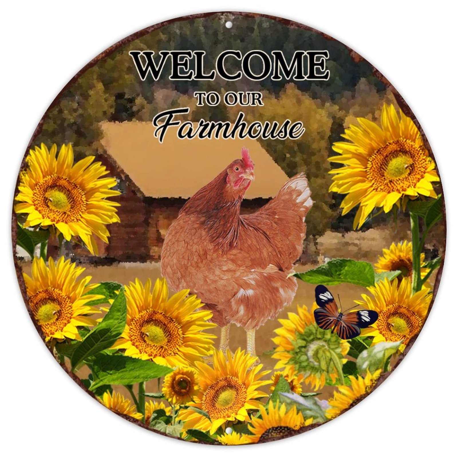 Vintage Farmhouse Sunflower Chicken Metal Wall Art - Colorful Rooster Sign for Kitchen, Living Room & Coop Decor - 9x9 Inch Round Retro Metal Hanging Sign for Country Home, Cafe & Rustic Interior Design