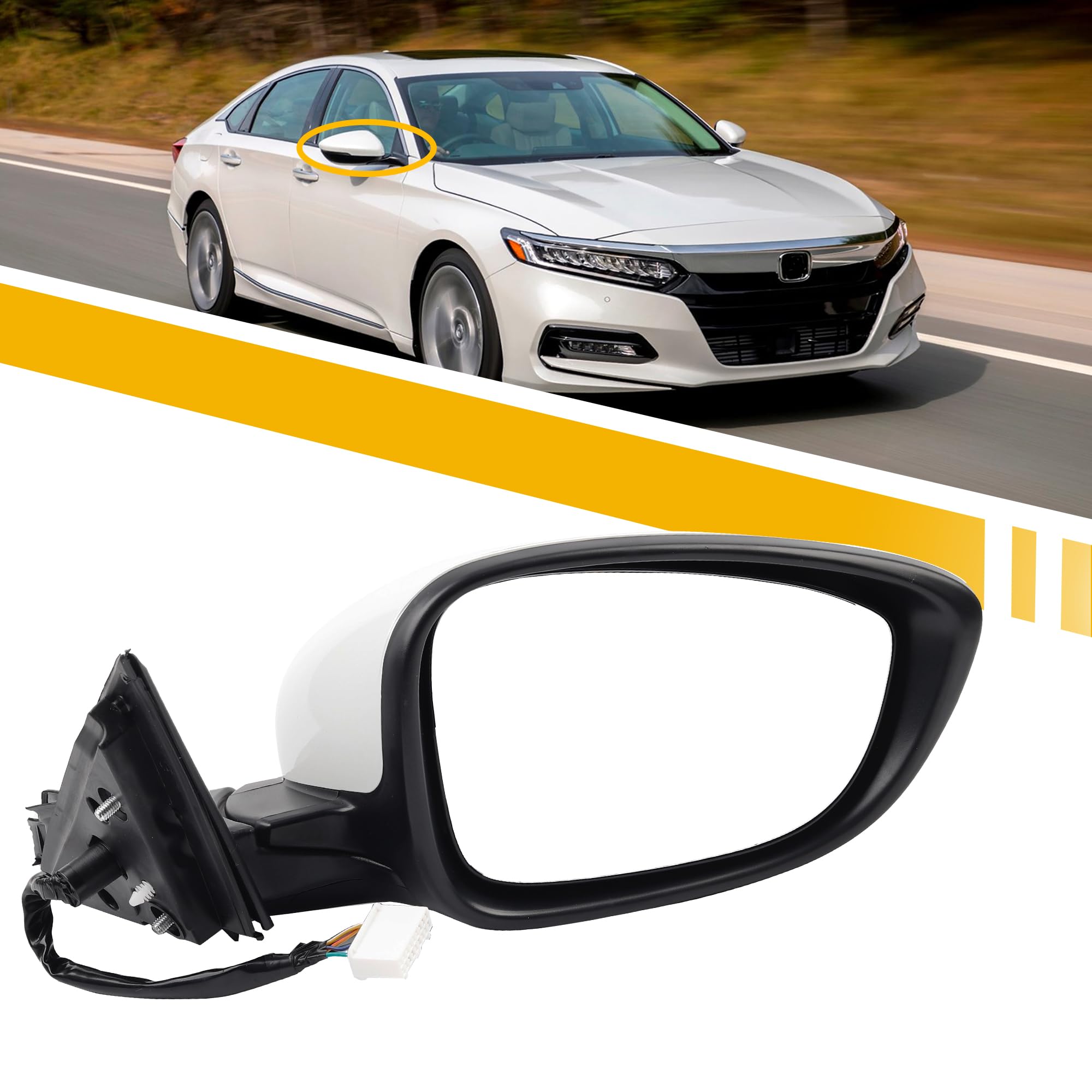 Dasbecan Right Passenger Side Mirror Compatible with Honda Accord LX Sport 1.5T 2018-2022 - Power Non-Heated Replacement Mirror (3-Pin White) - Replaces HO1321328 & 76208-TVA-A02 - Perfect for Daily Commuting & Safe Driving