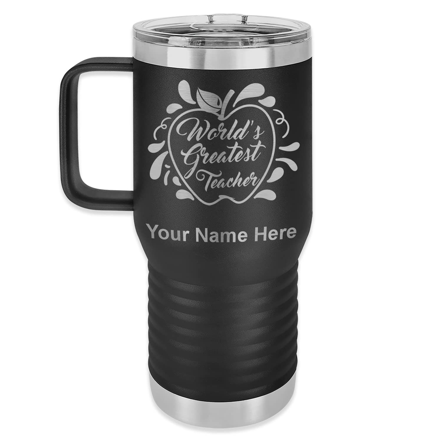 LaserGram 20oz Vacuum Insulated Stainless Steel Travel Mug with Handle - Personalized Engraving Gift for Teachers - Keeps Drinks Hot/Cold for Hours - Perfect for Coffee, Tea & Commuting (Black)