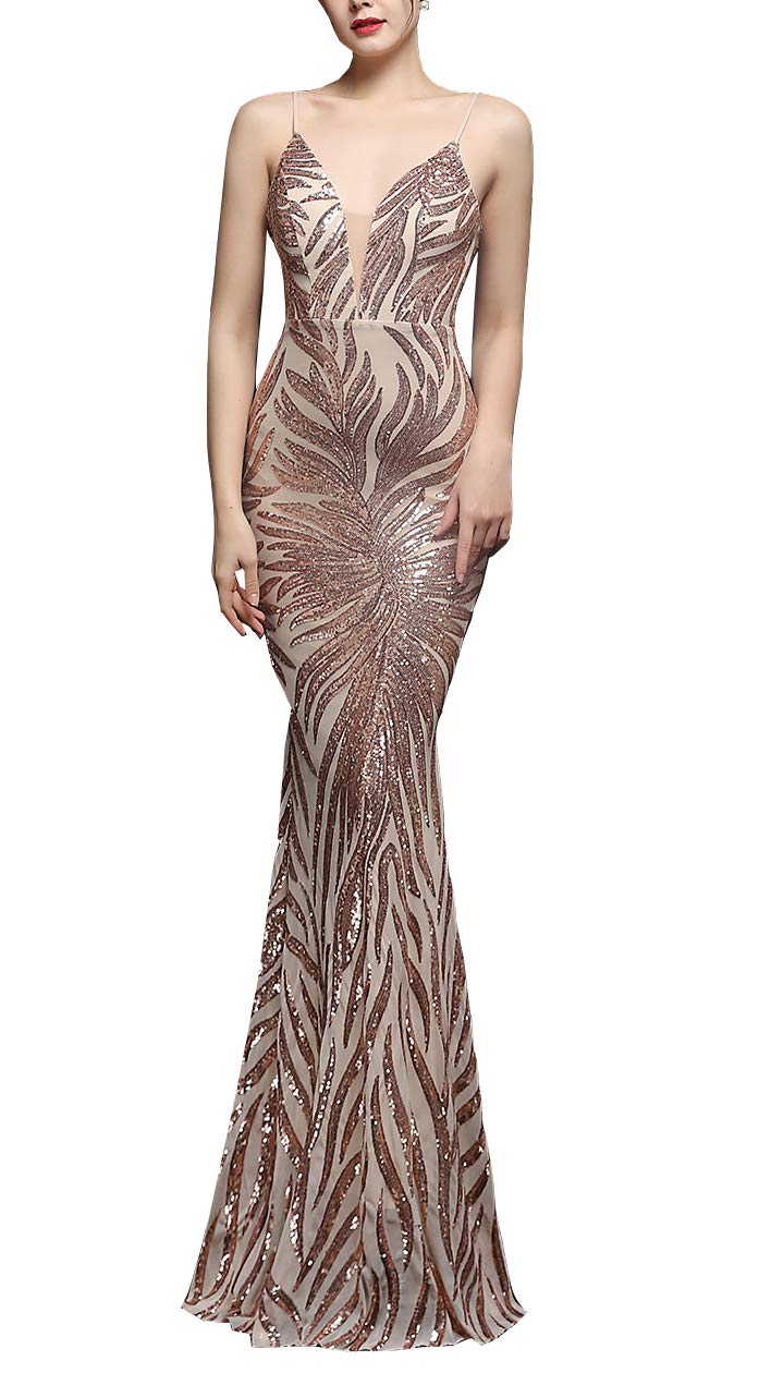 Elegant Women's Deep V-Neck Sequins Sleeveless Mermaid Evening Gown - Perfect for Prom, Cocktail Party, Wedding Guest & Formal Events