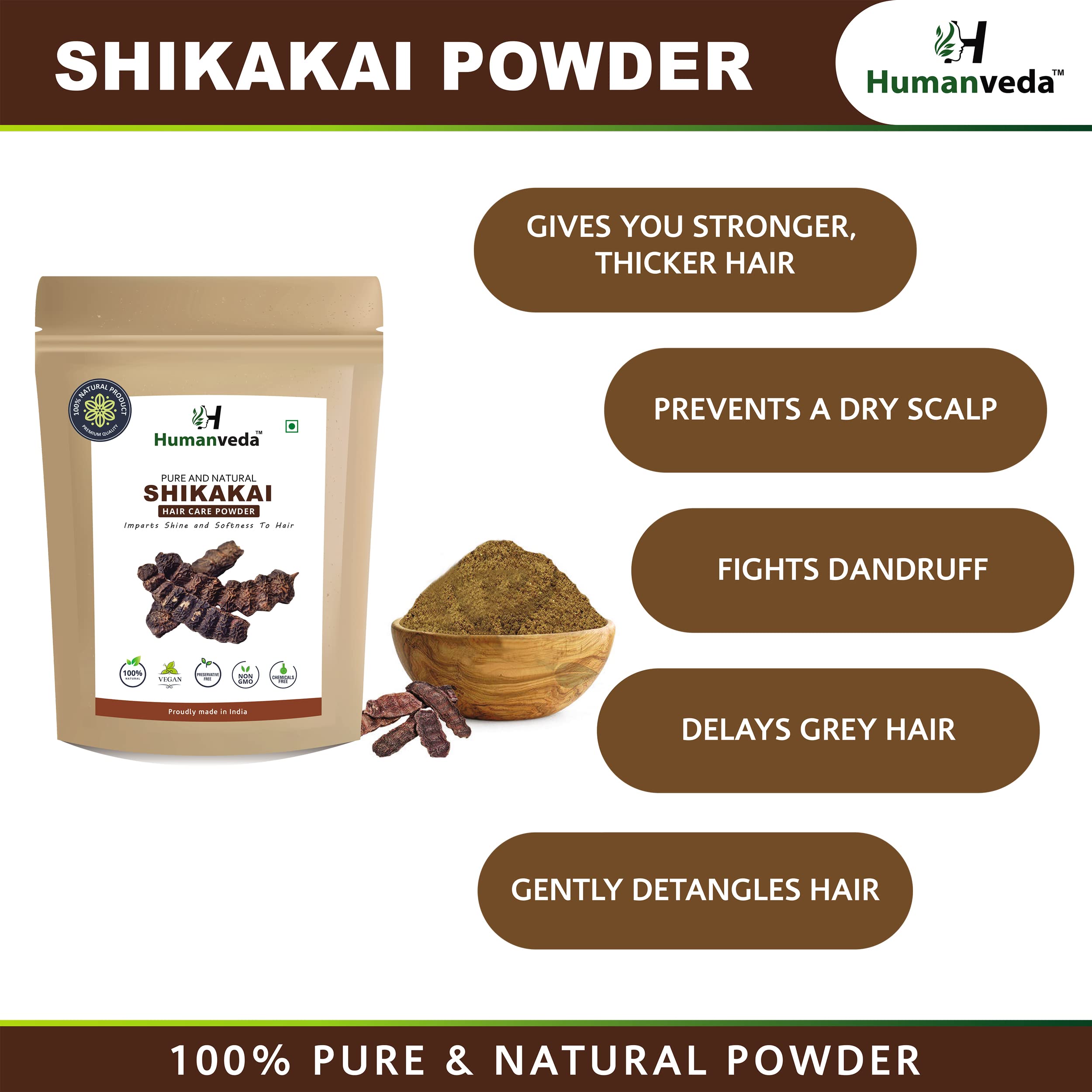 Humanveda Natural & Pure Shikakai Powder (Acacia Concinna) 100g - Ayurvedic Hair Conditioner & Cleanser for Stronger, Healthier Hair | Perfect for DIY Hair Masks & Natural Hair Care Routines