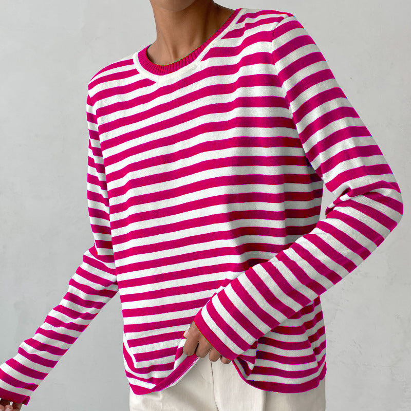 Women's Striped Knit Sweater - Round Neck Long Sleeve Pullover for Fall & Winter | Cozy Casual Wear, Office Outfits & Holiday Fashion