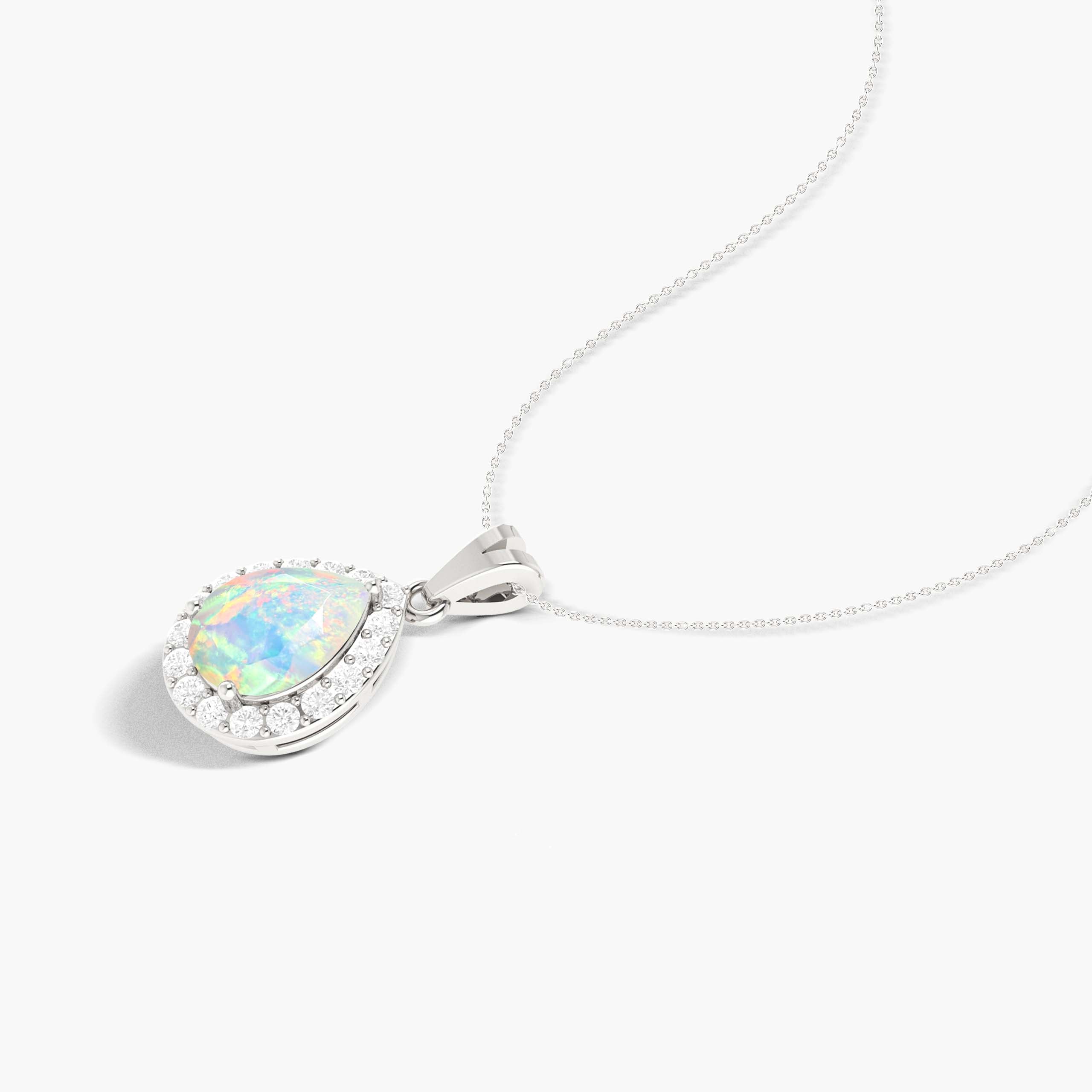 Natural White Opal & Zircon Halo Pendant Necklace – Elegant Sterling Silver Chain for Women, Perfect for Weddings, Parties & Everyday Wear