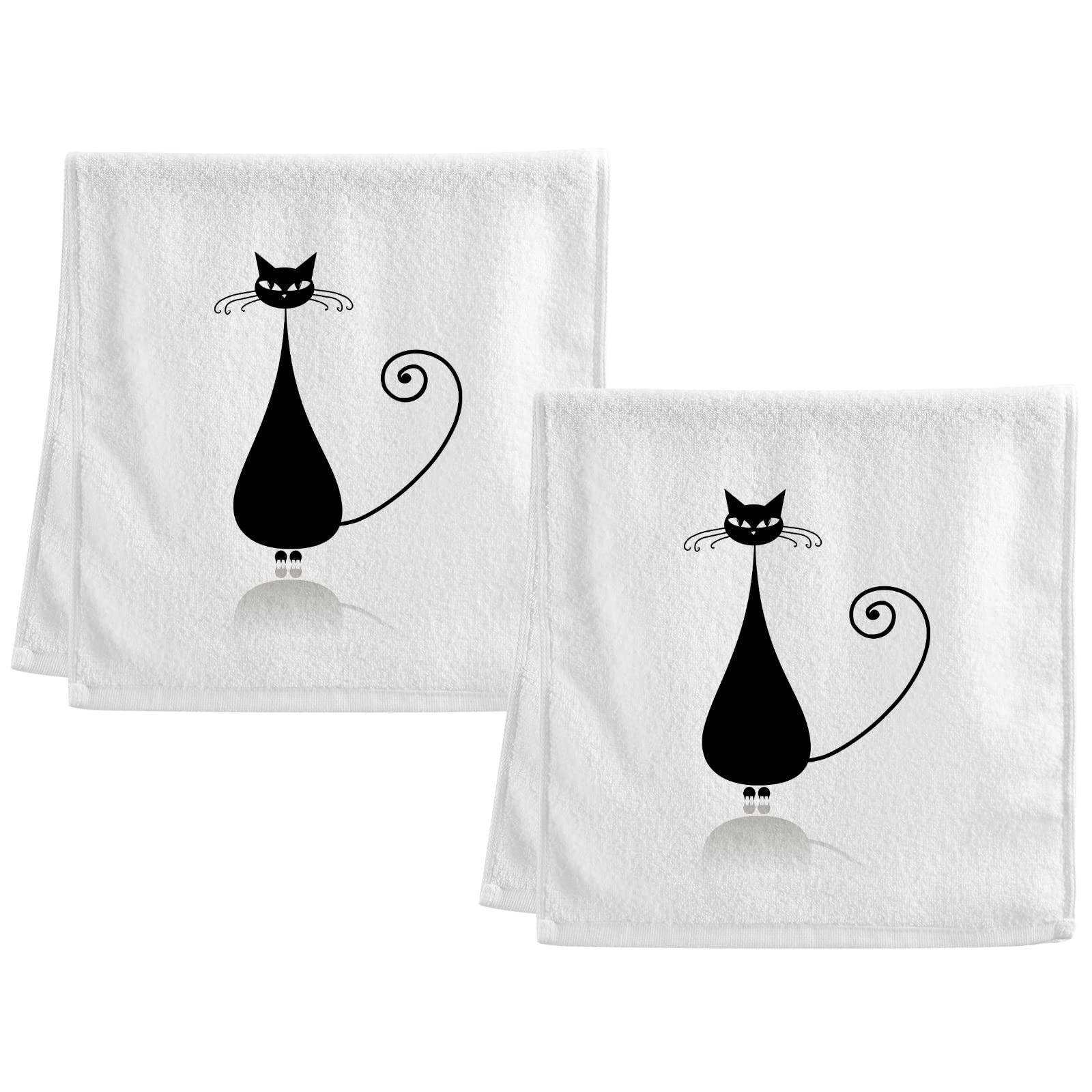 Premium 100% Cotton White & Black Cat Print Hand Towels - Soft, Absorbent Bath Towels for Face, Body & Hair (16x30 Inches) - Elegant Bathroom Decor & Housewarming Gift