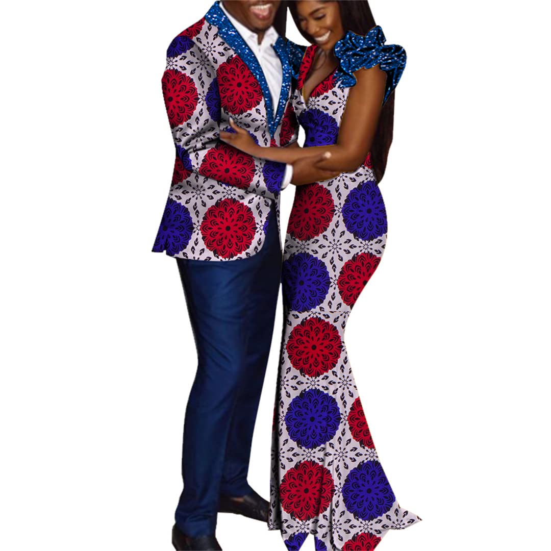 African Dashiki Couple Outfits for Lovers - Matching Mentop & Pants Set + Women's Dress African Print Fashion (Sizes 14-4XL) - Perfect for Valentine's Day, Weddings & Cultural Celebrations