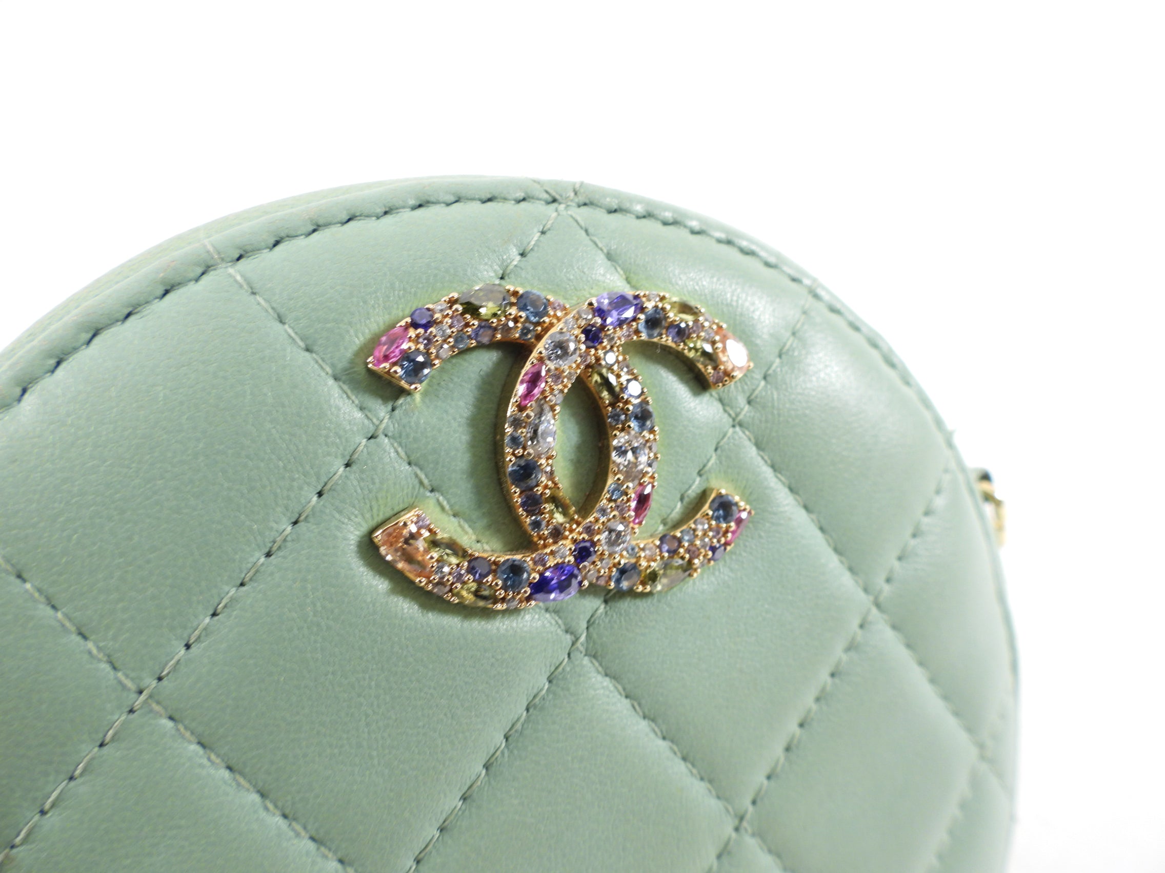 Chanel Mint Green Quilted Leather CC Strass Mini Round Clutch Bag for Women | Luxury Designer Evening Bag for Parties, Weddings & Special Occasions