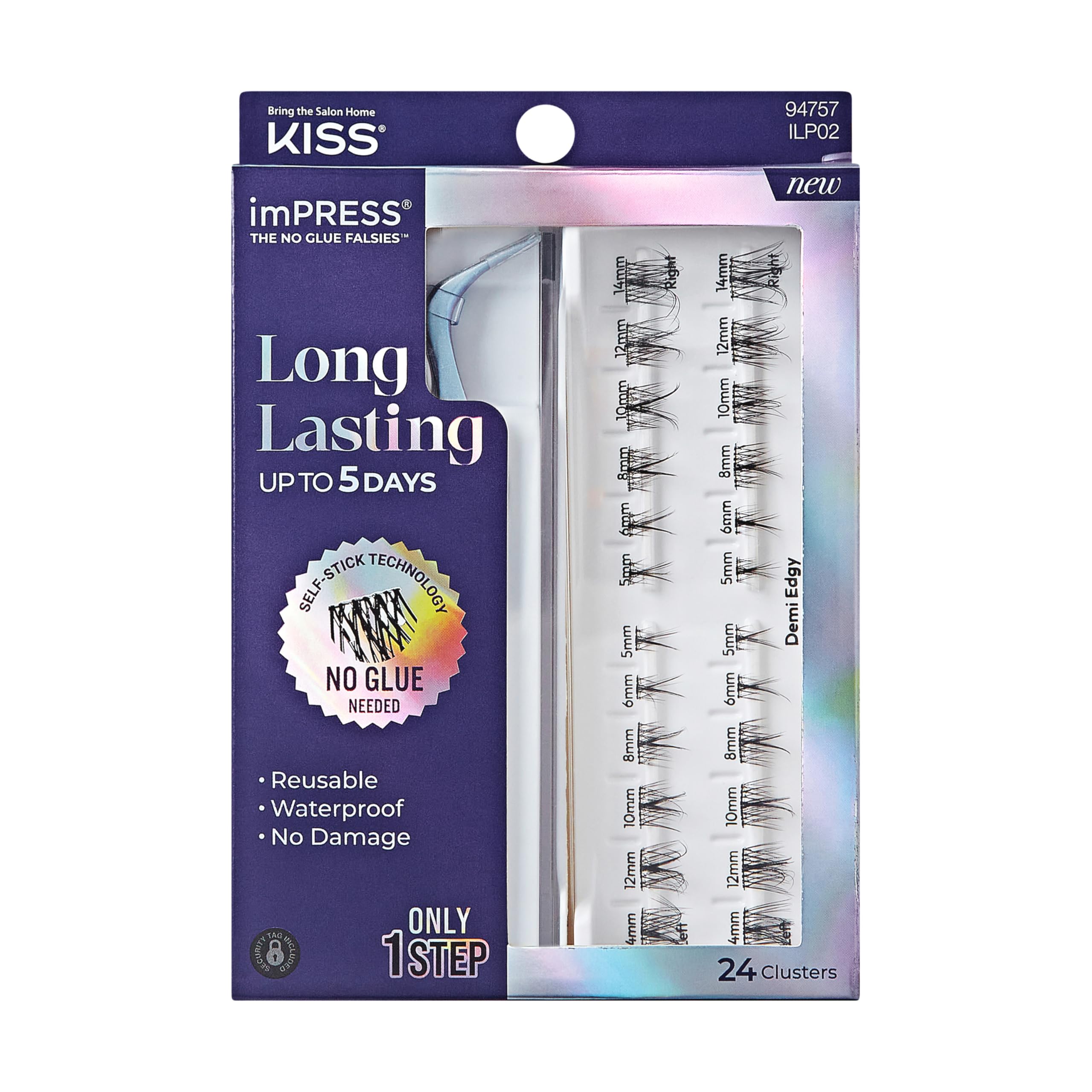 KISS imPRESS Falsies Long Lasting Self-Adhesive Eyelashes - 'Demi Edgy' Style, 5-Day Wear, 24 Natural Volume Lash Clusters (5-14mm) with Non-Stick Applicator | Perfect for Parties, Weddings & Everyday Glam