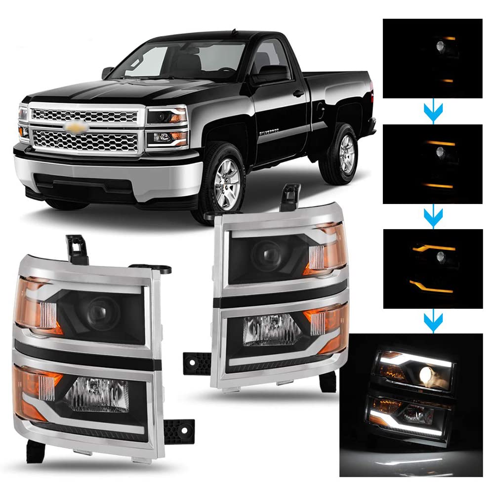 Winjet LED Projector Headlights Assembly for 2014-2015 Chevrolet Silverado 1500 - Functional Headlamps with DRL, Dual Beam, Sequential Turn Signal & Amber Reflector - Direct Replacement Pair (Perfect for Night Driving & Off-Road Adventures)