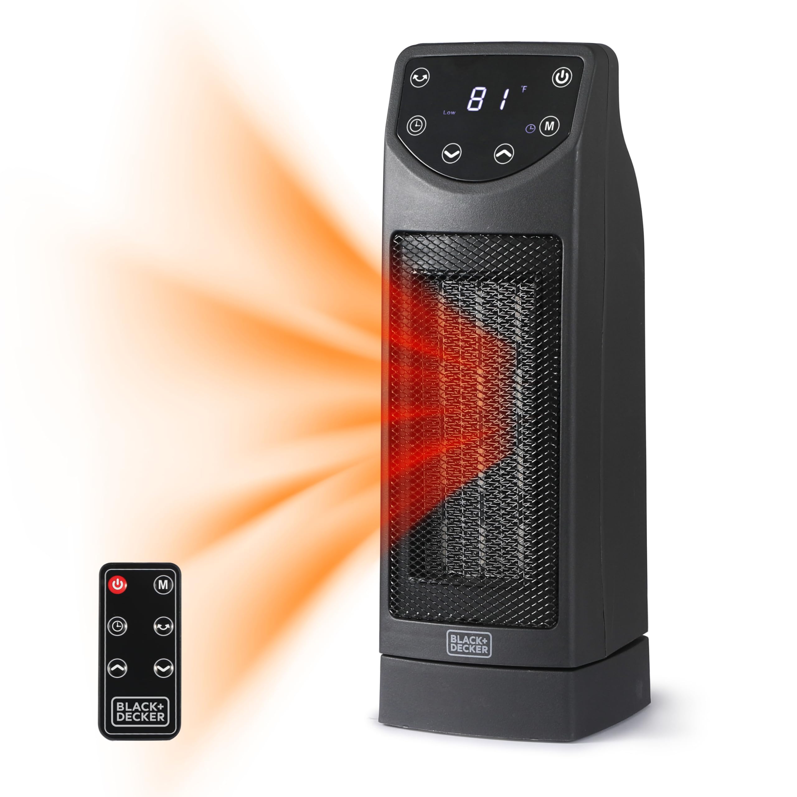 BLACK+DECKER Oscillating Ceramic Space Heater with Remote Control & Adjustable Thermostat - Compact Desktop Heater for Office, Bedroom, and Home Use - Black