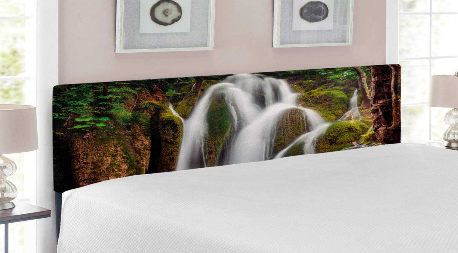 Ambesonne King Size Upholstered Waterfall Headboard with Memory Foam - Forest Cascade Design in White & Green | Decorative Metal Bed Frame Headboard for Master Bedroom, Guest Room & Home Decor