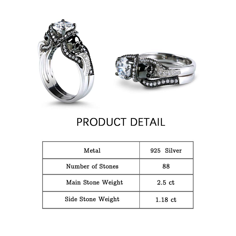 Jeulia 3.68 Carat Twist Skull Ring for Women - Sterling Silver Two Tone Band with White Diamonds | Gothic Bridal Set, Black Plated Engagement & Promise Ring | Perfect for Halloween, Punk Fashion & Alternative Weddings | Includes Jewelry Gift Box