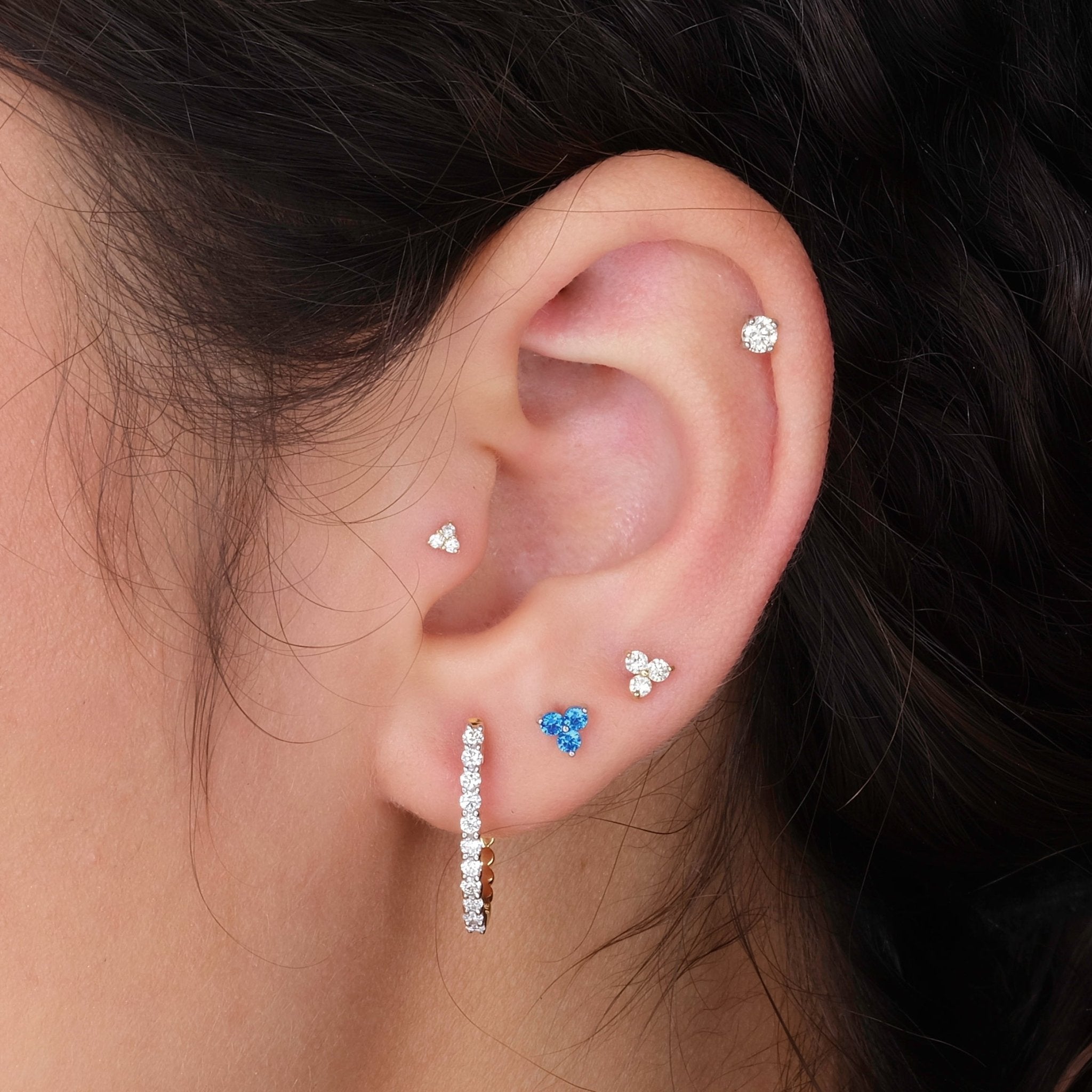 14K White Gold Small Diamond Trinity Flat Back Stud Earrings for Women - Perfect for Everyday Wear, Parties & Special Occasions