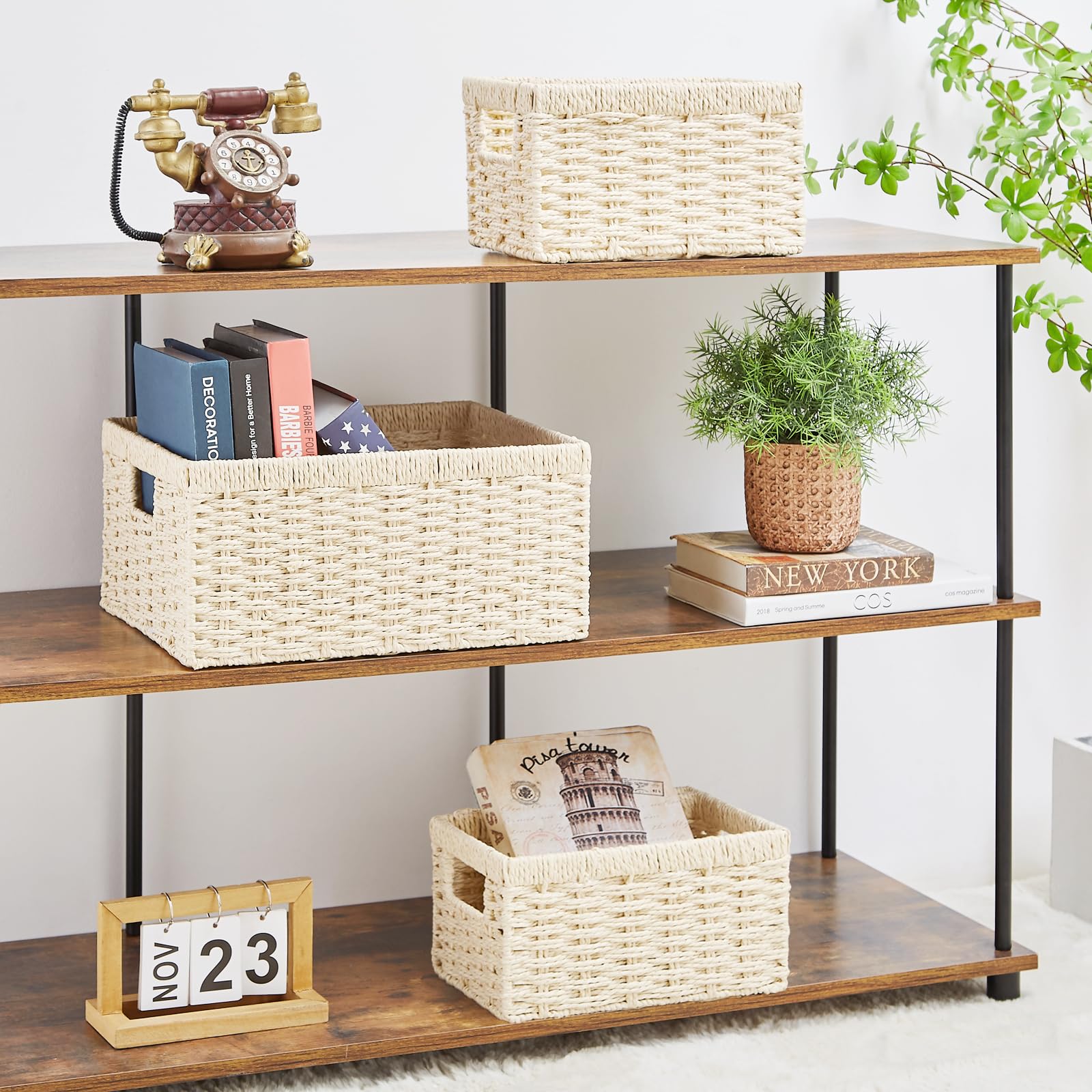 Vagusicc 5-Piece Woven Wicker Storage Basket Set - Foldable Cube Organizer Bins for Shelves, Toilet Paper, Bathroom & Home Decor - Beige | Perfect for Bathroom Storage, Closet Organization & Living Room Decor