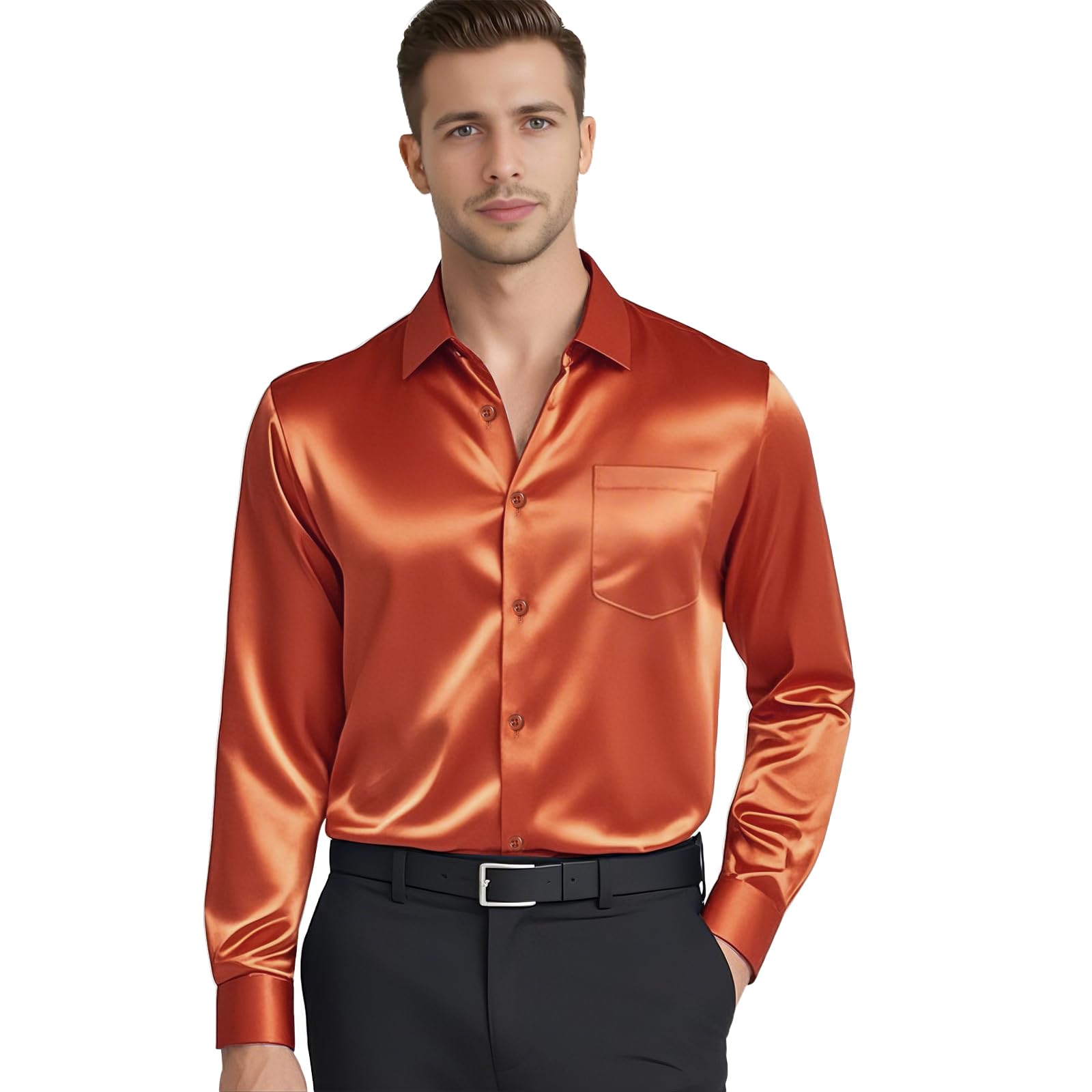 Men's Satin Shiny Long Sleeve Dress Shirt - Solid Color Button Down Shirt with Pocket, Regular Fit for Wedding, Party & Business Occasions | Formal & Casual Wear for Office, Date Night & Special Events