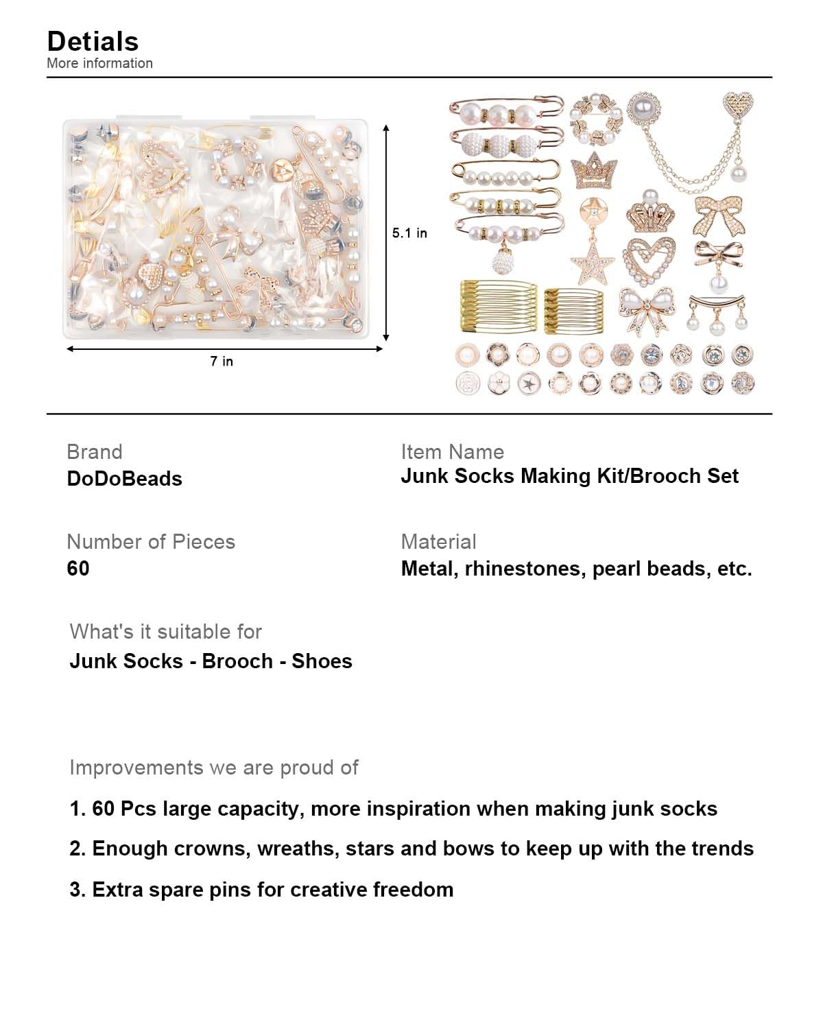 DoDoBeads 60 Pcs Junk Socks Charms Kit - Gold Brooches, Pearl & Rhinestone Pins for Women - DIY Sock Accessories for Decorating & Personalizing - Perfect for Gifts, Parties & Fashion DIY Projects