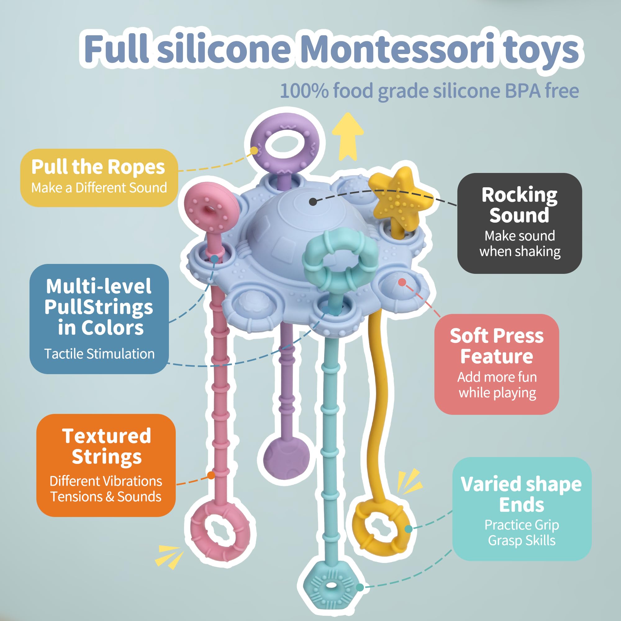 Montessori Pull String Toys for Babies - 100% Food Grade Silicone Baby Teether with Built-in Rattle & Easy to Clean - Safe Infant Developmental Toy for Crawling, Teething & Sensory Play (Blue)