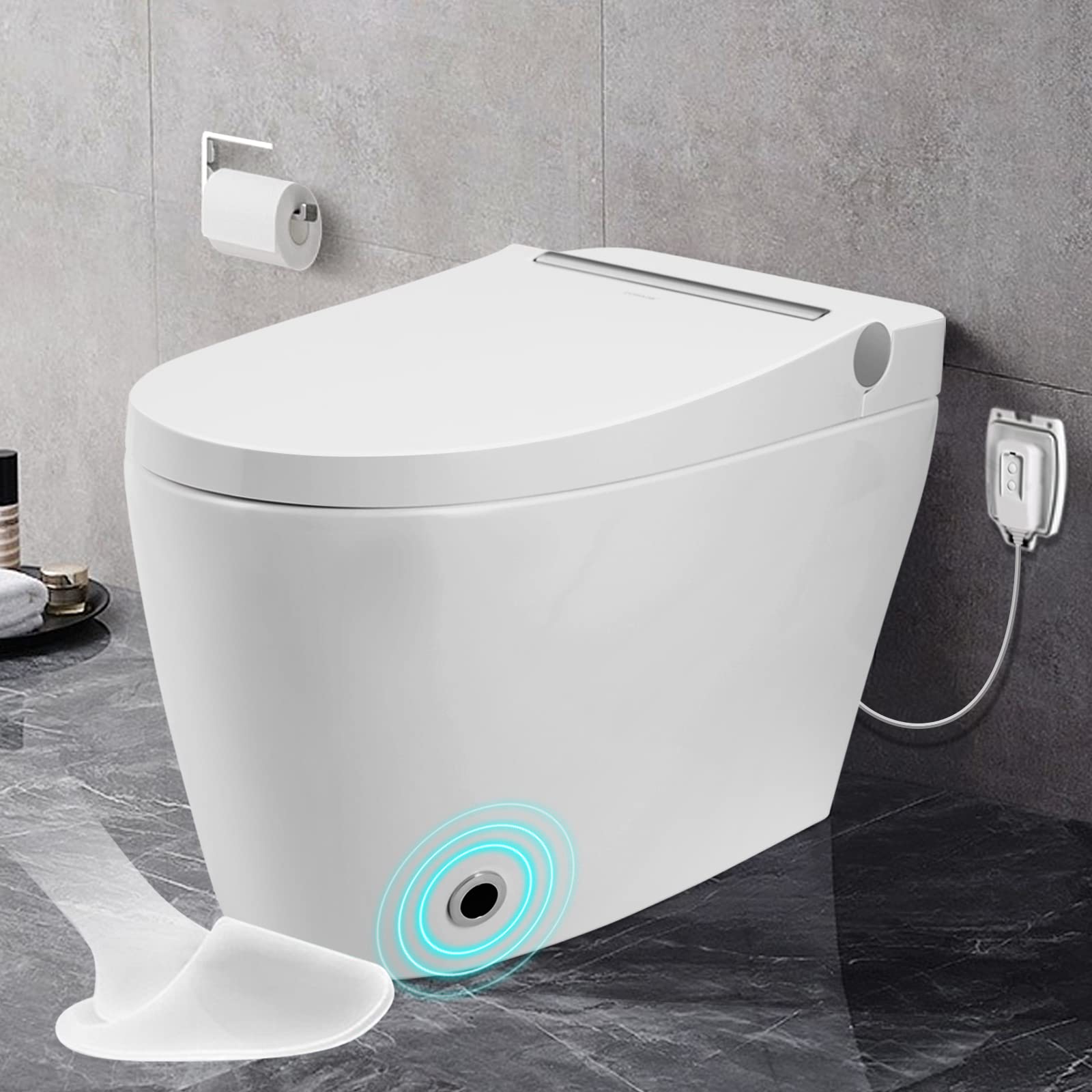 Smart Toilet with Heated Seat & Auto Flush - Tankless One-Piece Toilet with Foot Sensor, Blue Night Light & Knob Control - Works During Power Outage - Perfect for Modern Bathrooms & Luxury Homes
