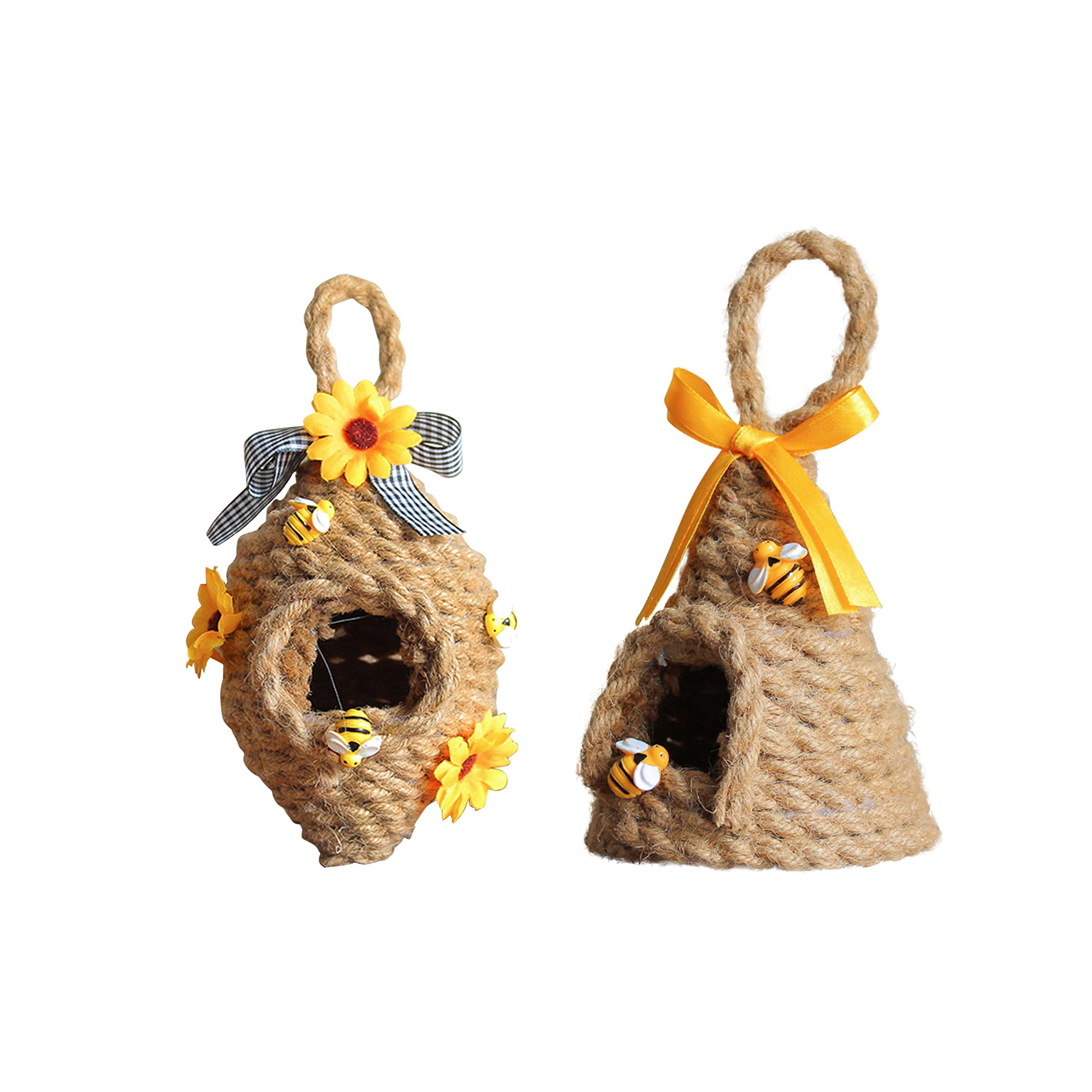 Beehive Farmhouse Tiered Tray Decor - 2 Pack Rustic Jute Honey Bee Skep Hanging Ornaments for Home, Kitchen & Garden Shelf | Spring Summer Farmhouse Decorations | Perfect for Wall Decor, Table Centerpiece & Shelf Styling