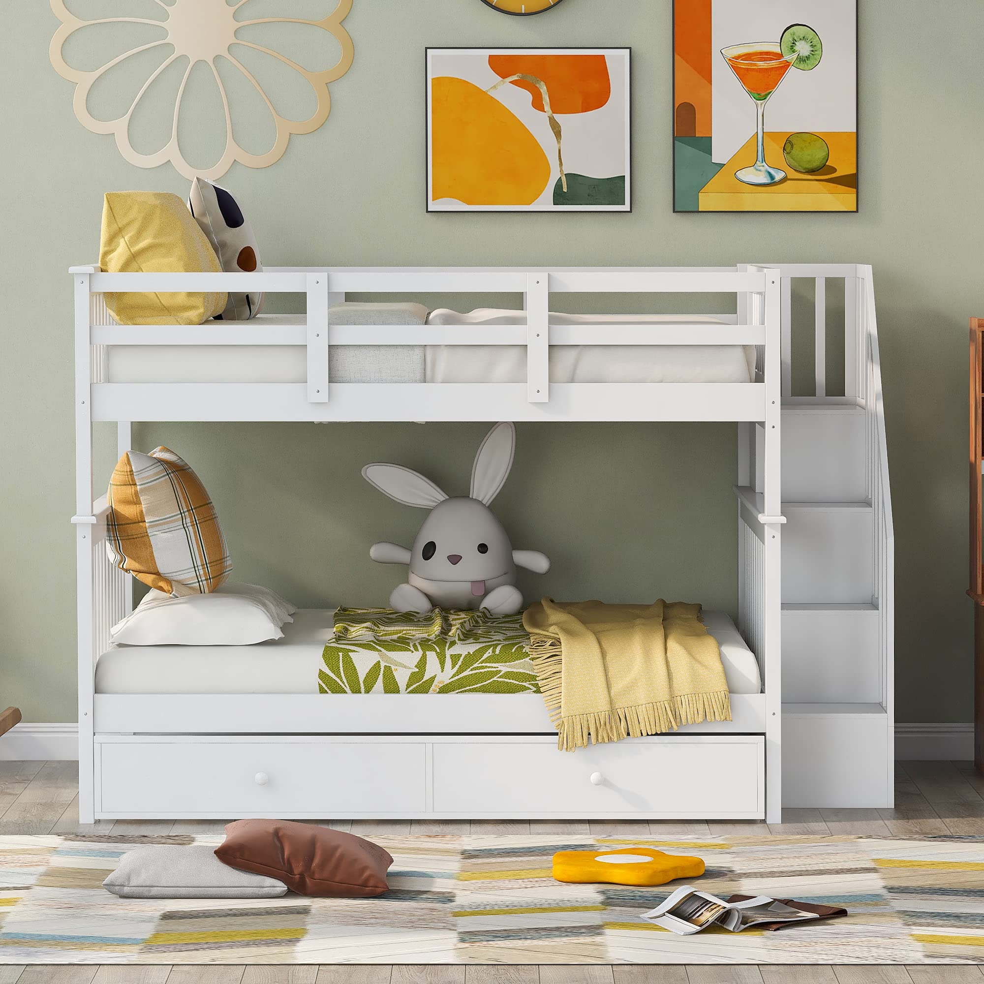 Harper & Bright Designs Full Over Full Bunk Bed with Trundle - Wooden Bunk Bed Frame with Storage Shelves for Kids, Teens & Adults - Detachable Bunk Beds for Small Spaces - Perfect for Bedrooms, Dorms & Guest Rooms (White)