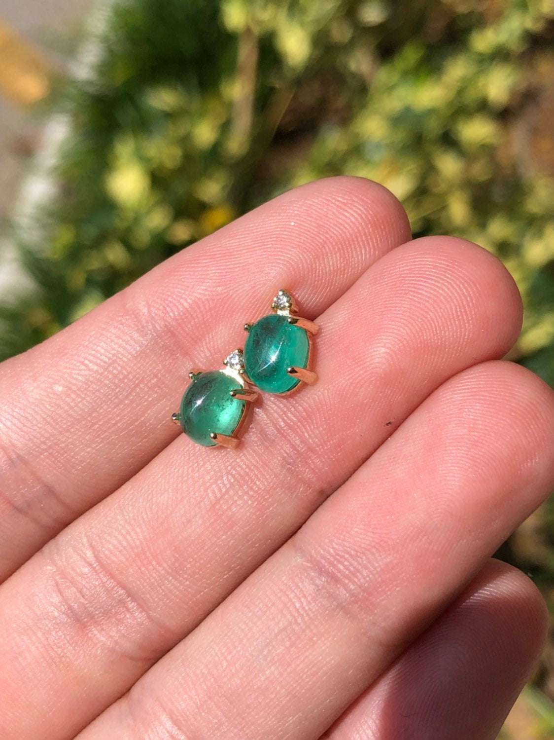 3.10tcw Cabochon Emerald & Diamond Stud Earrings in 14K Gold - Elegant Jewelry for Women, Perfect for Weddings, Parties & Special Occasions