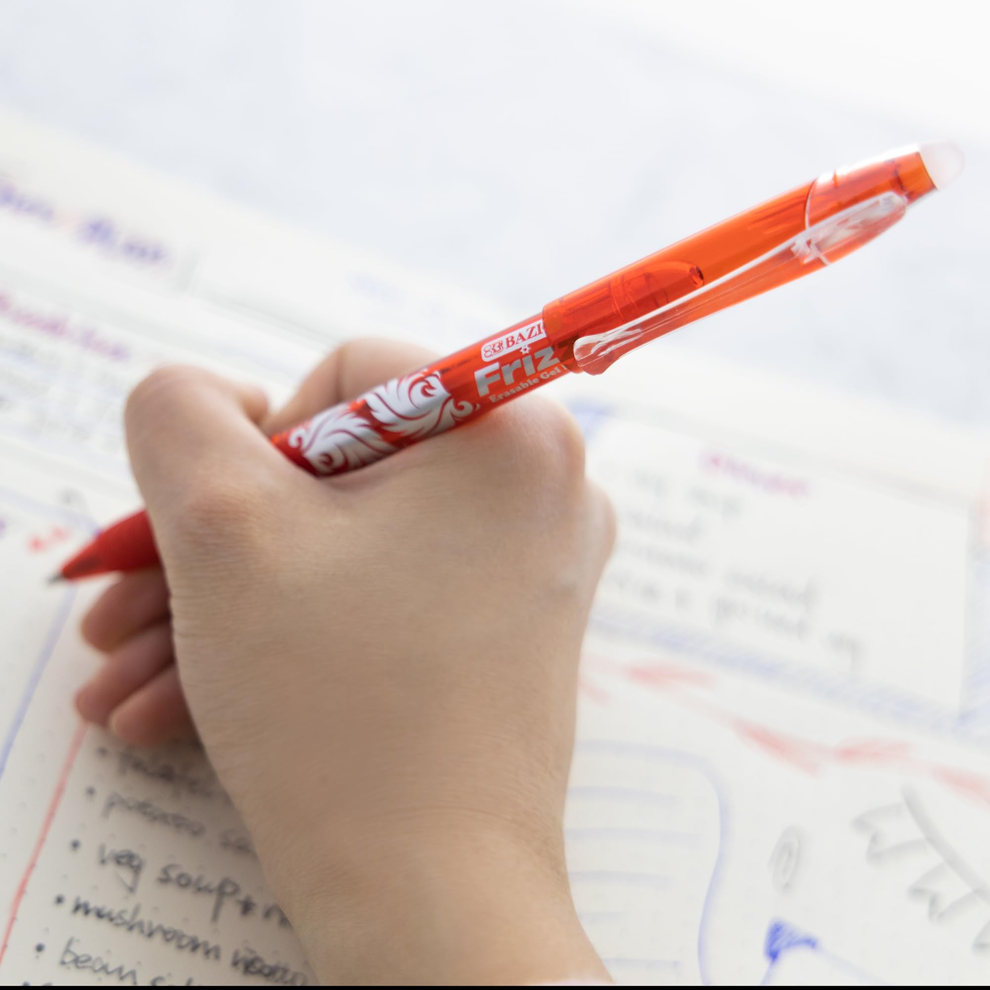 BAZIC 0.7mm Red Frizz Erasable Gel Pens - Fine Point Erasable Ink Pens for Smooth Writing & Drawing - 24-Pack for School, Office, Homework, Note Taking & Gift Giving