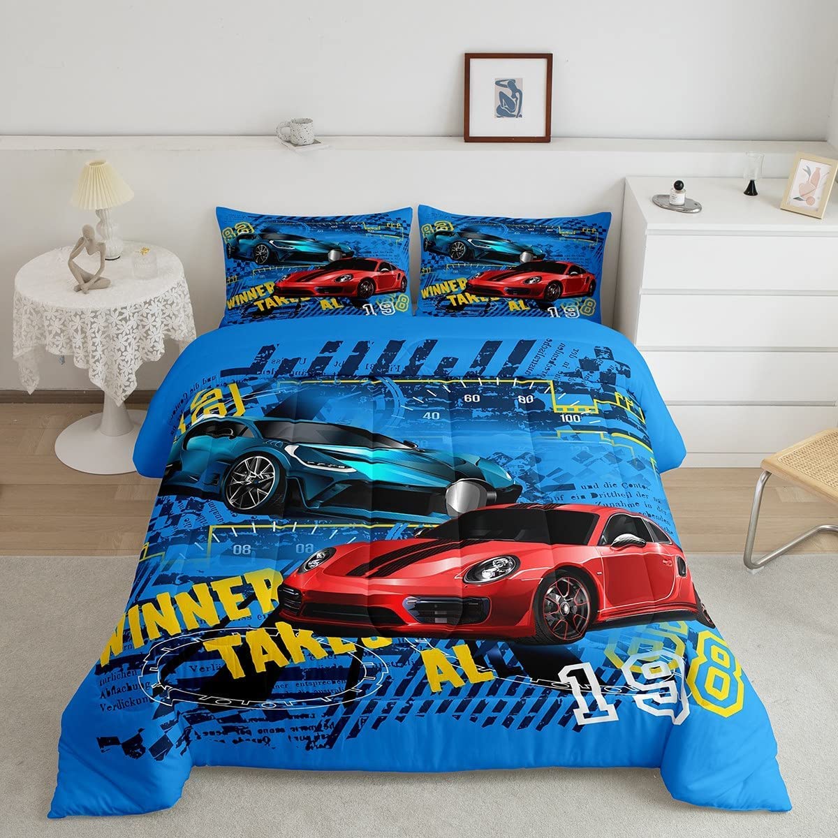 Sports Car Comforter Set Twin Size - Race Car Duvet Cover for Kids & Teens Boys Girls Bedroom Decor - Speed Racing Themed Quilted Bedding with Pillowcase - Perfect for Race Car Themed Rooms, Birthday Gifts & Sleepovers