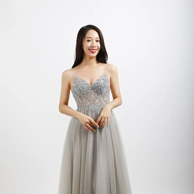 Sparkling Beaded Crystal Prom Dresses for Women - Elegant Long See-Through A-Line Gown with V-Neck & Spaghetti Straps | Perfect for Formal Evening, Homecoming, Wedding & Special Occasions
