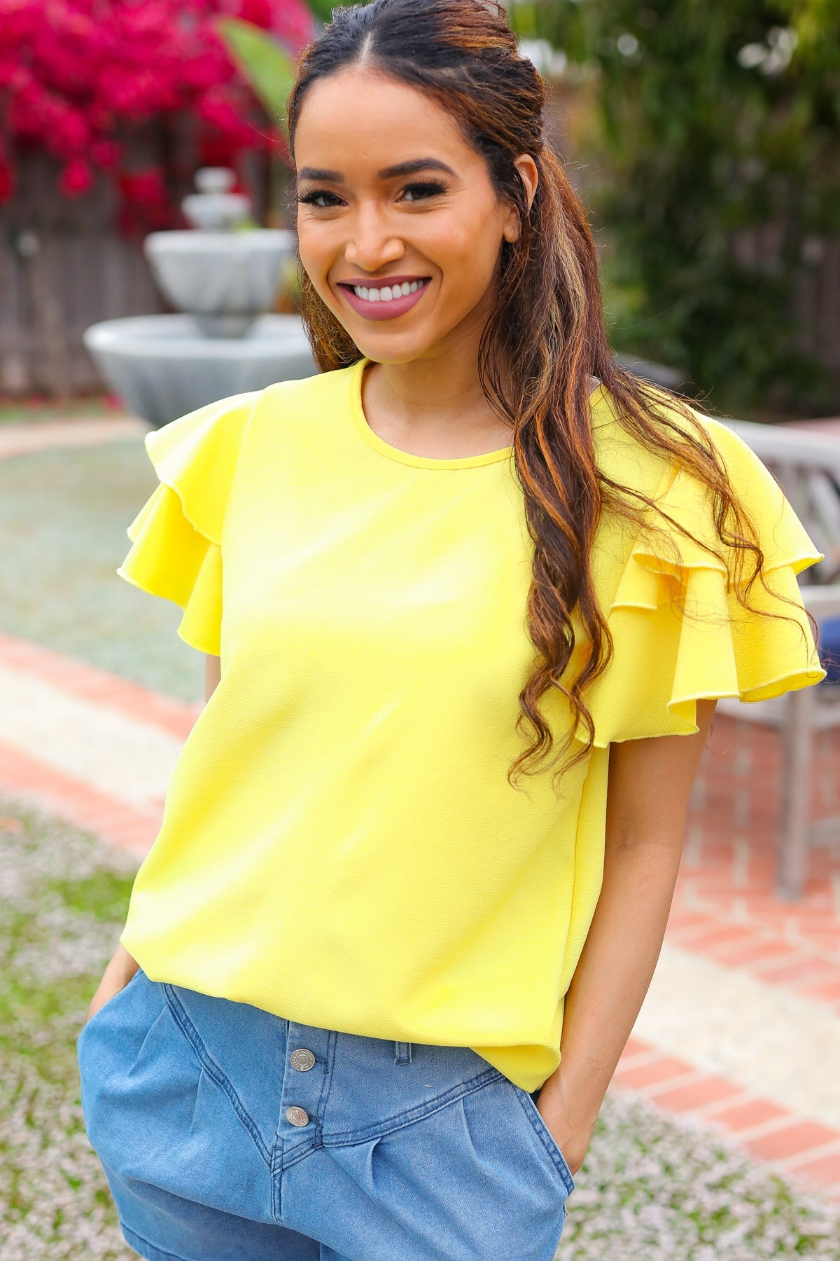 Stylish Yellow Tiered Double Ruffle Sleeve Blouse for Women - Perfect for Spring Outfits, Date Nights & Office Wear