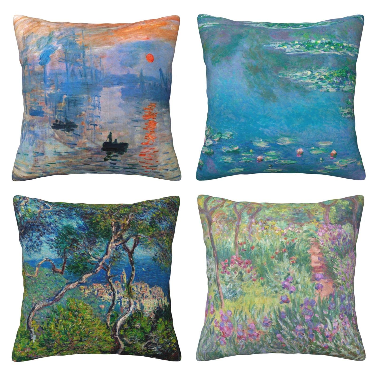 Claude Monet Impressionist Pillow Covers Set of 4 - 18x18 Inch Water Lilies & Sunrise Painting Cushion Cases for Living Room, Bedroom Decor