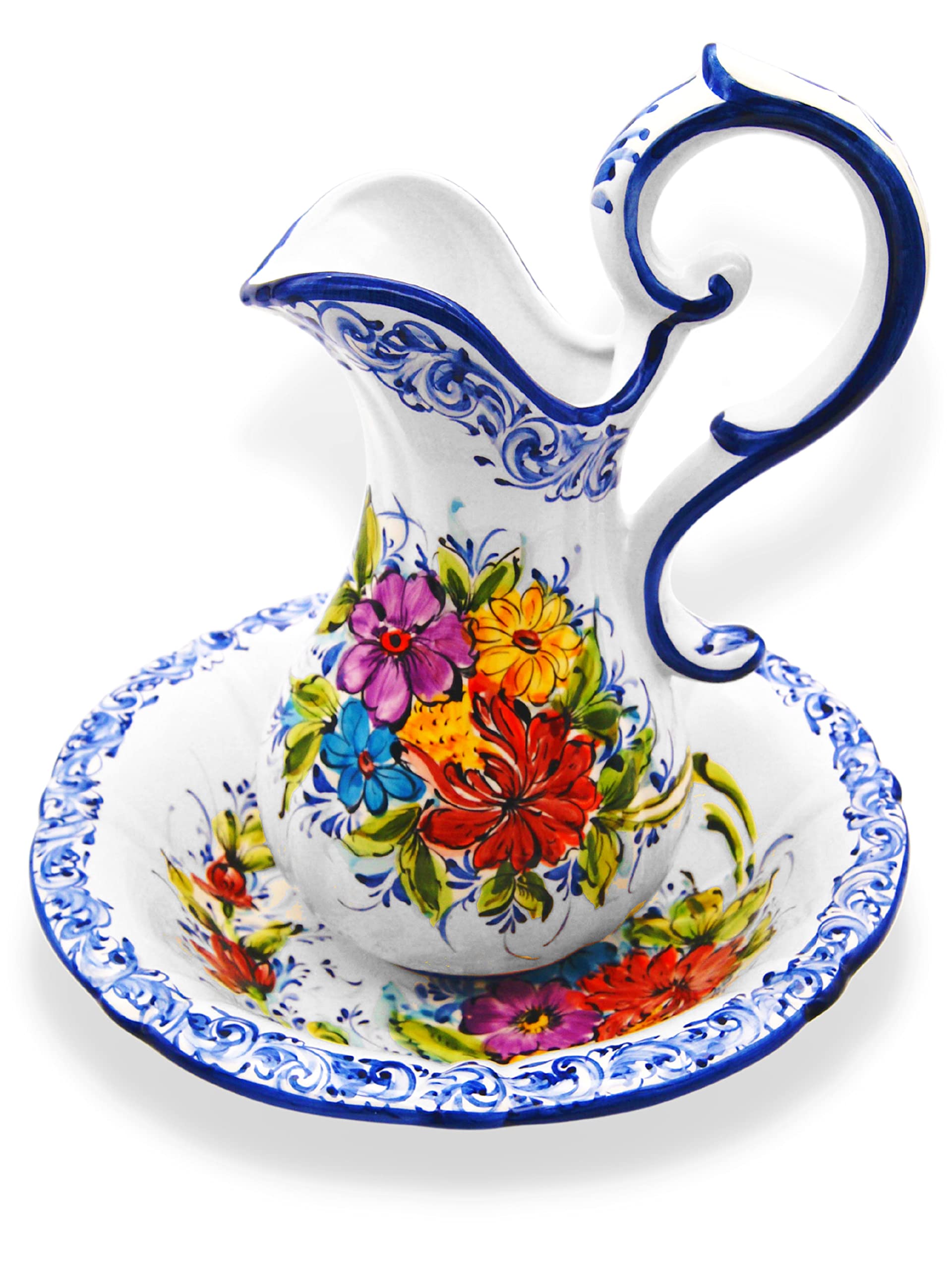 Hand Painted Portuguese Pottery Floral Wash Basin and Pitcher Set - Vintage Style Ceramic Sink Set for Bathroom & Kitchen Decor - Perfect for Farmhouse, Cottage, or Mediterranean Home Decor