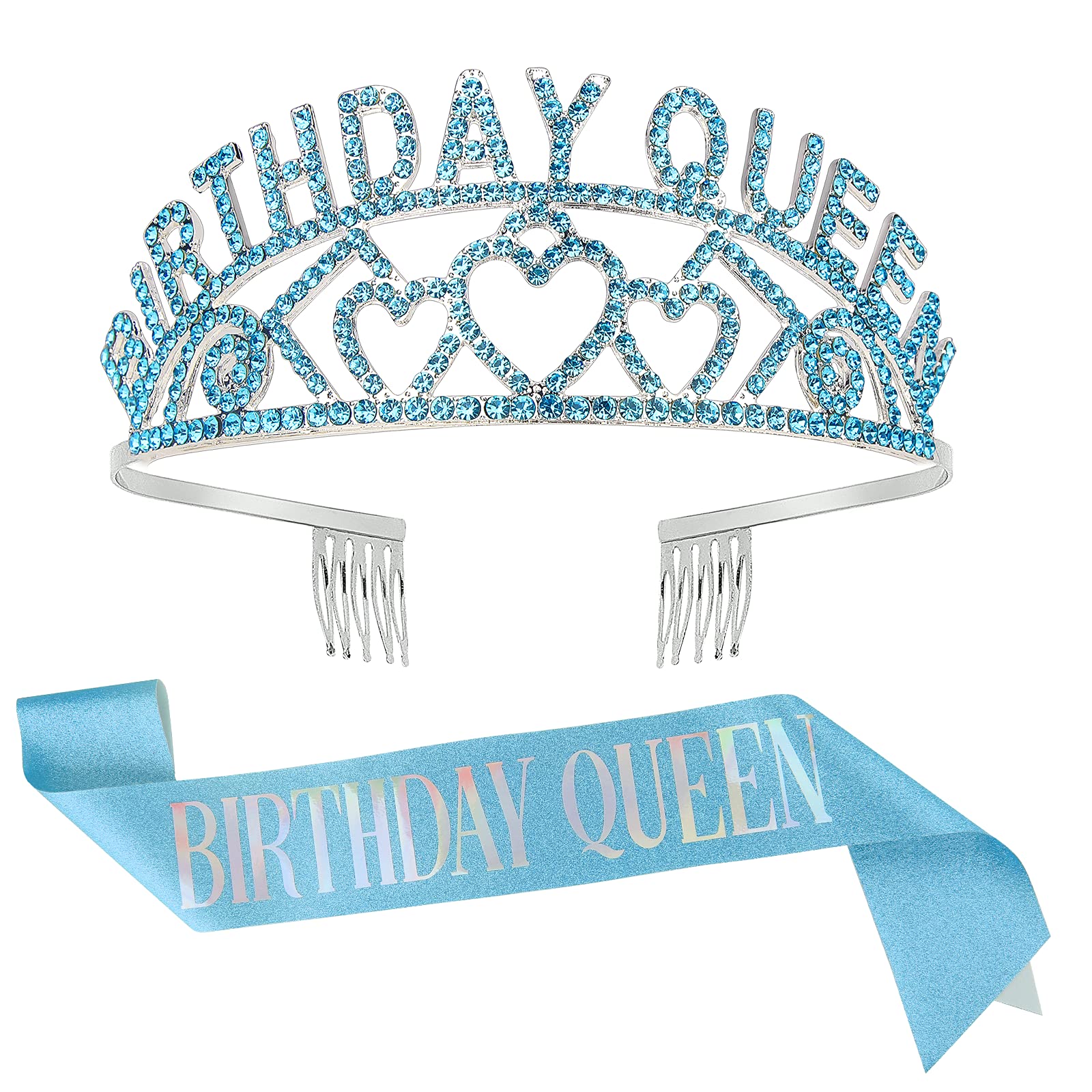 Semato Birthday Crown and Glitter Sash Kit - Princess Birthday Party Decorations for Girls, Kids Birthday Party Supplies & Favors (Blue) - Perfect for Birthday Celebrations, Princess Themed Parties & Special Occasions