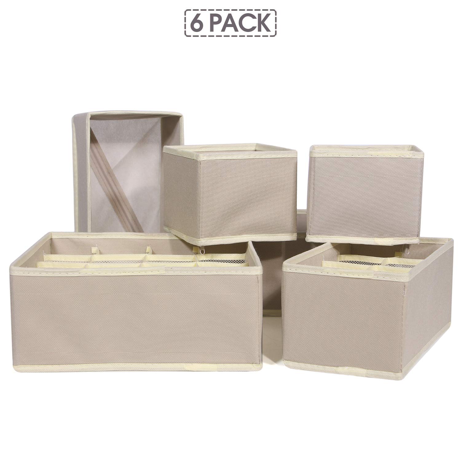 6-Pack Foldable Fabric Drawer Organizers - Closet Storage Boxes for Underwear, Bras, Socks & Baby Clothes | Space-Saving Dresser Dividers & Nursery Organization Solutions | Beige Cloth Bins for Home & Office Use