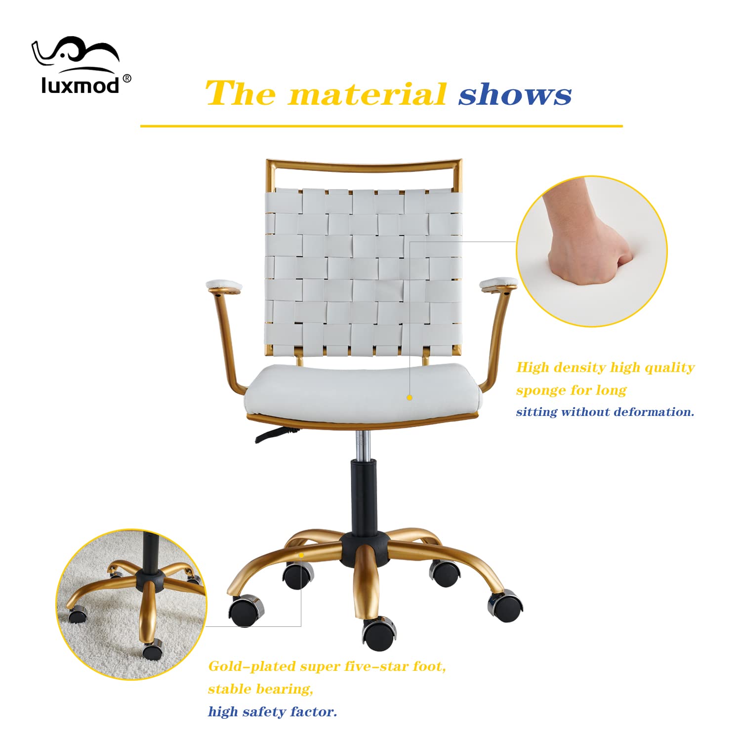 Gold Vanity Chair - Mid Back Ergonomic Swivel Office Chair with Arms, White Leather Computer Desk Chair for Lumbar Support - Perfect for Home Office, Makeup Vanity & Gaming Setup