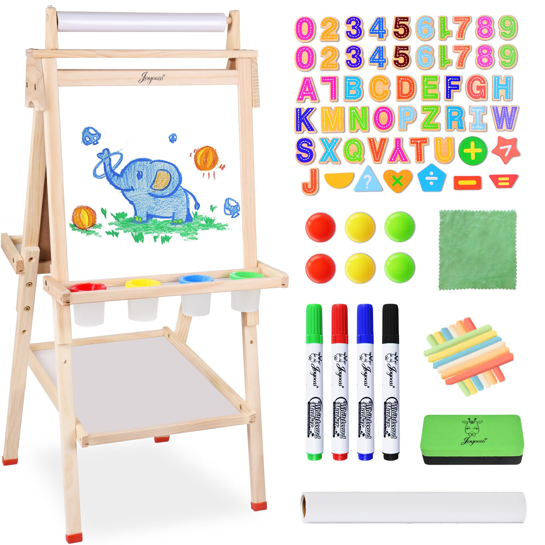 Joyooss Adjustable Wooden Art Easel for Kids - Double-Sided Magnetic Whiteboard & Chalkboard with Paper Roll - Height Adjustable Standing Easel with Bonus Art Supplies - Perfect for Home, Classroom & Creative Play