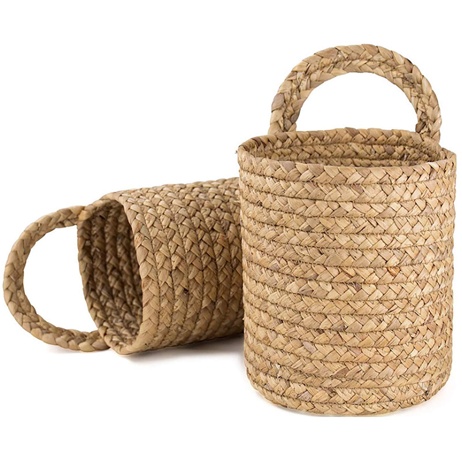 2-Pack Natural Seagrass Hanging Planter Baskets - Woven Wall Storage Baskets with Handles for Plants, Flowers & Home Decor (5.4 x 6.9 Inch) - Perfect for Boho Wall Decor, Bathroom Storage & Nursery Organization