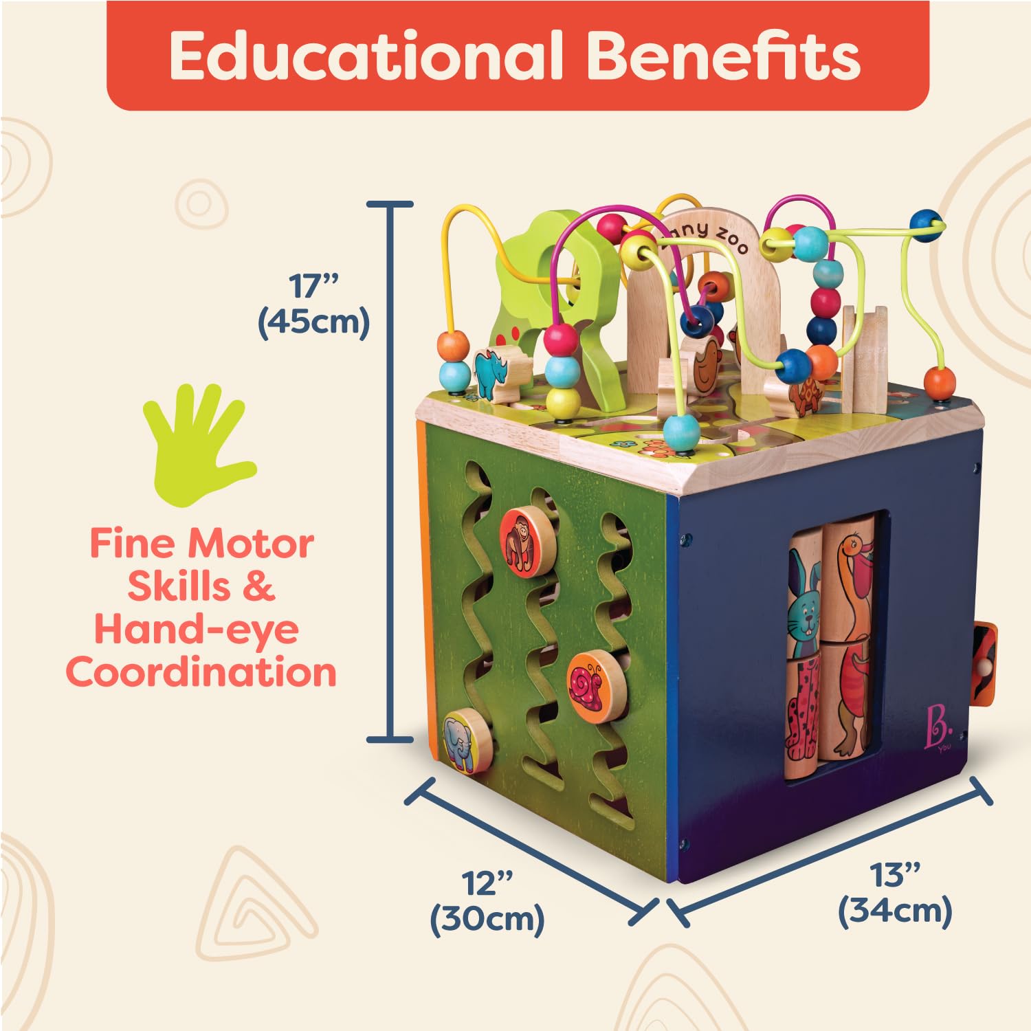 B. Toys Zany Zoo Wooden Activity Cube - Alphabet Learning Center for Toddlers & Kids 1 Year+ - Educational Wooden Toy for Early Childhood Development - Perfect for Playtime, Preschool Learning & Montessori Activities